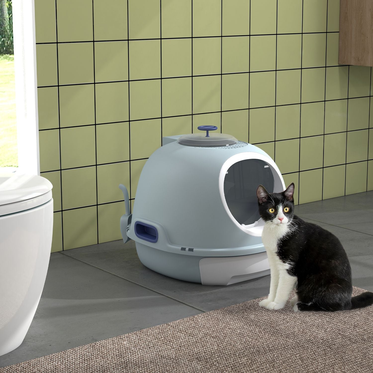 Draagbare kattenbak, dakraam en schep, zeeblauw