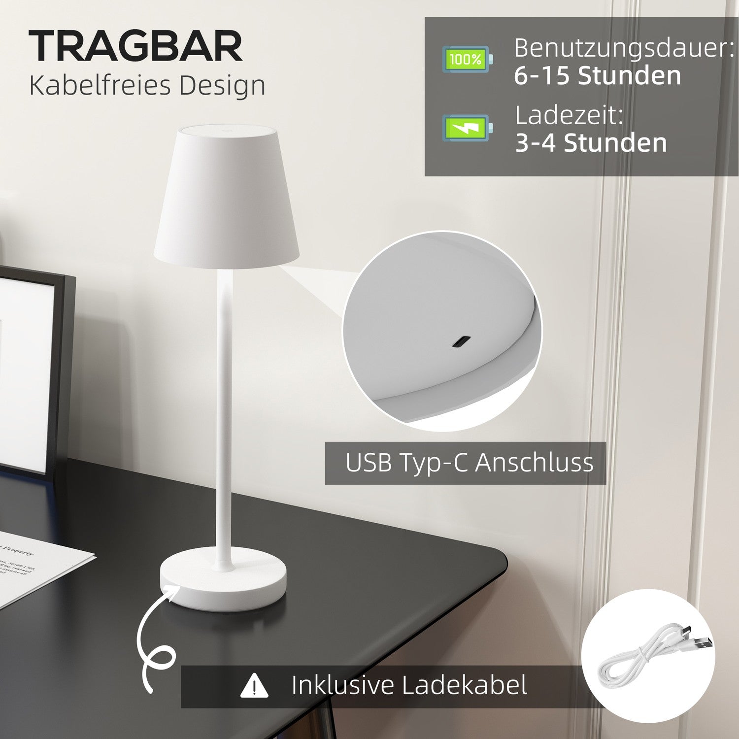 Draagbare metalen USB-bureaulamp – Oplaadbaar, 3 lichtstanden