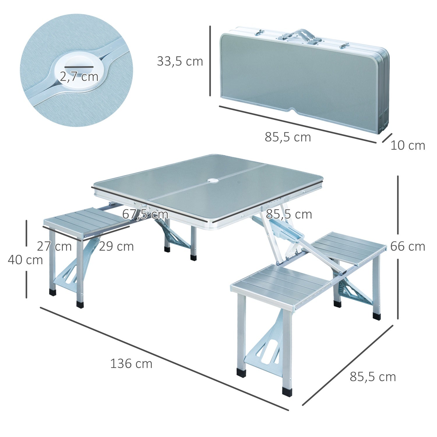 Draagbare opklapbare aluminium tafel met zitjes, zilver, 85x68 cm