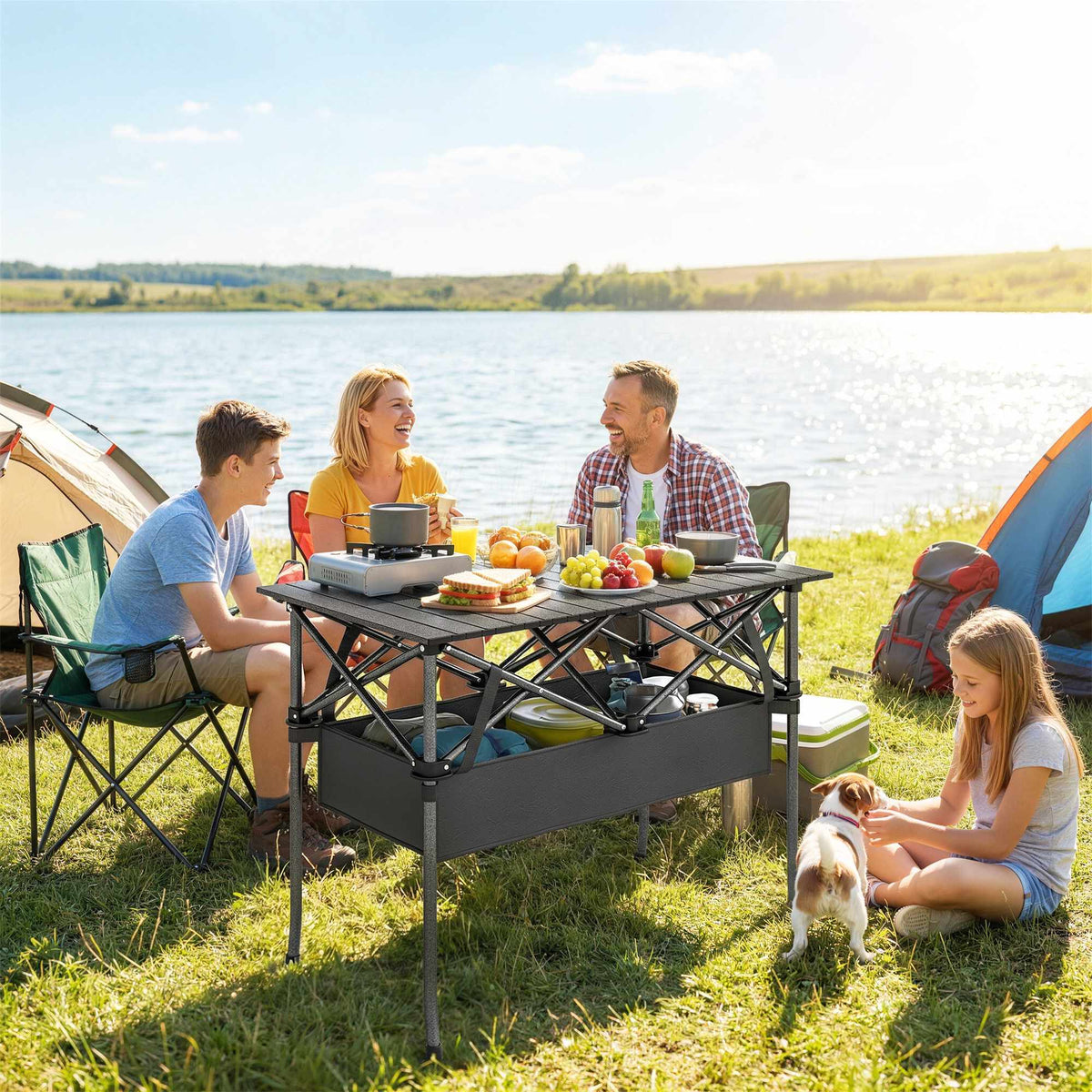 Draagbare opvouwbare campingtafel met netopbergruimte, zwart