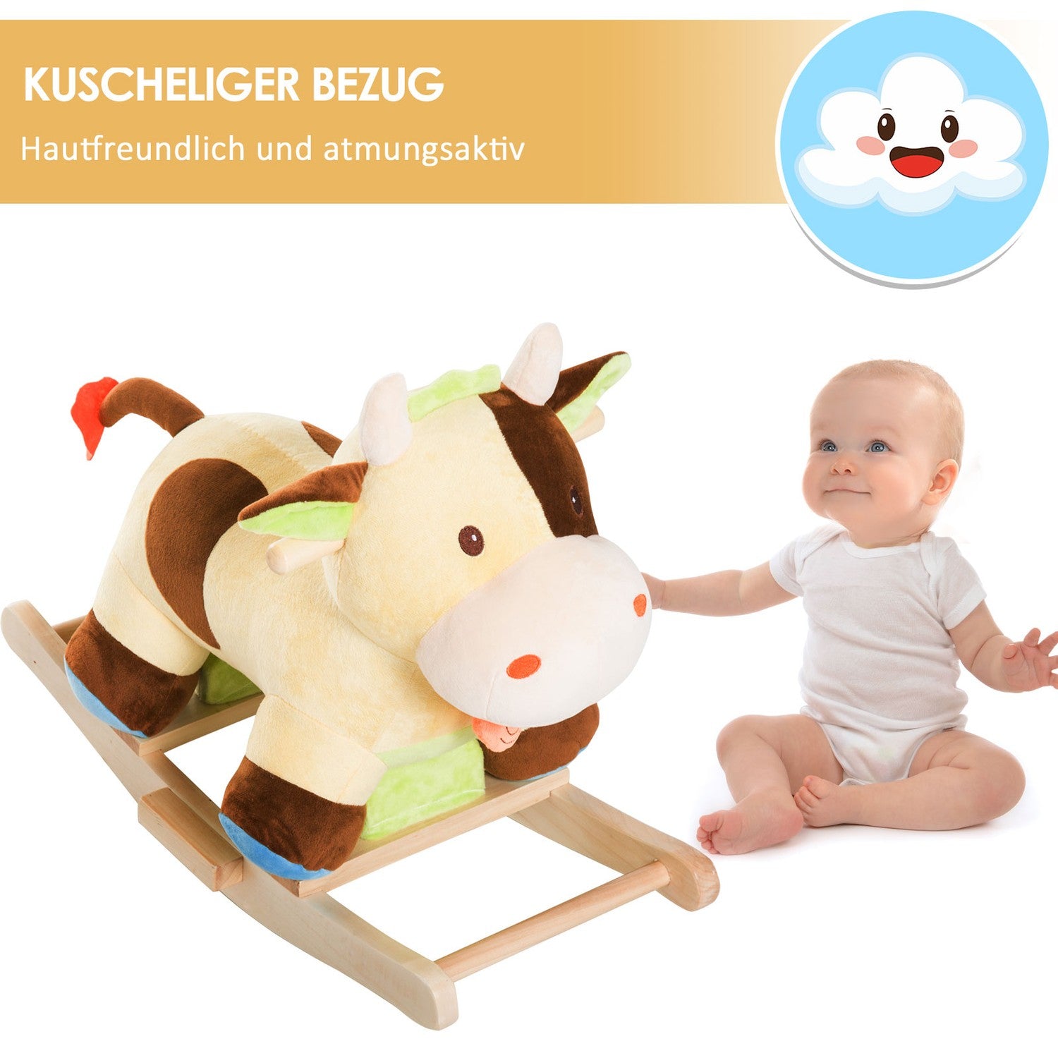 Bruine & Gele Baby Schommelspeelgoed Koe – 60x34x46 cm