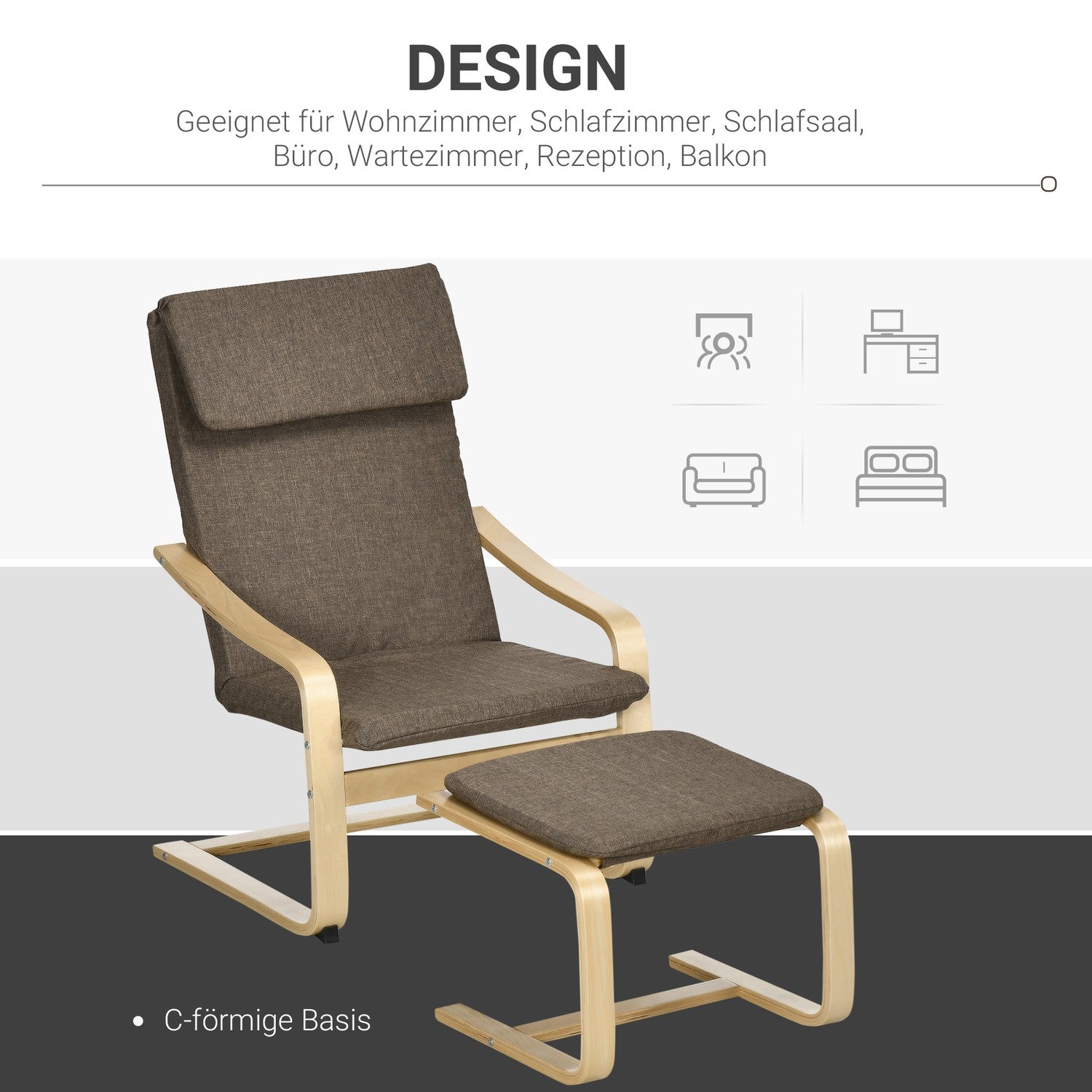 Bruine relaxstoel & voetenbank, linnen bekleding, 67x72x100 cm