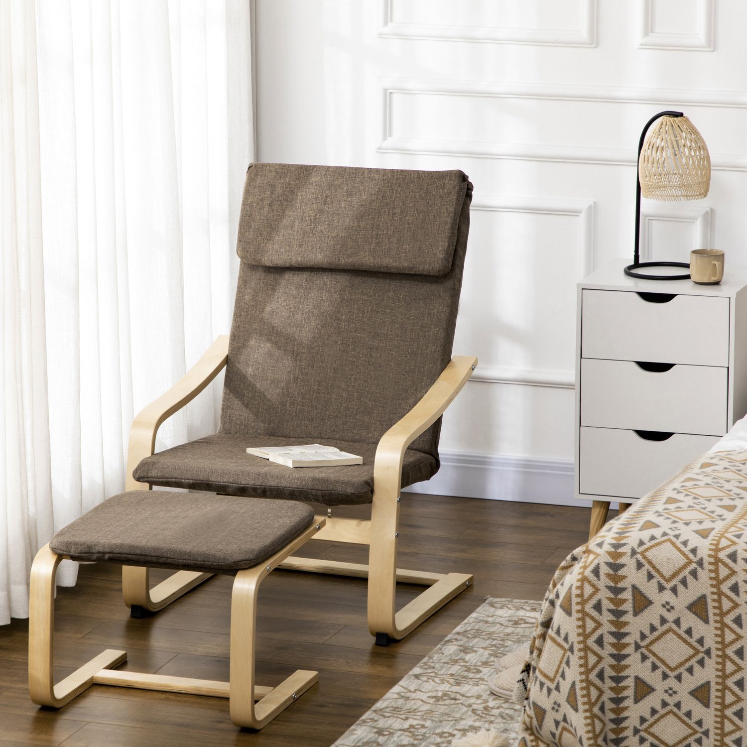 Bruine relaxstoel & voetenbank, linnen bekleding, 67x72x100 cm