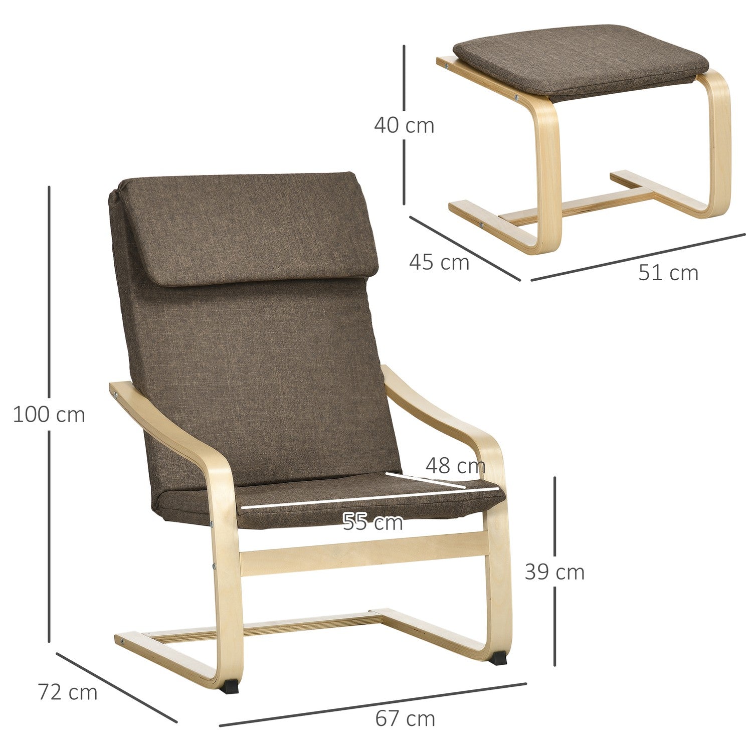 Bruine relaxstoel & voetenbank, linnen bekleding, 67x72x100 cm