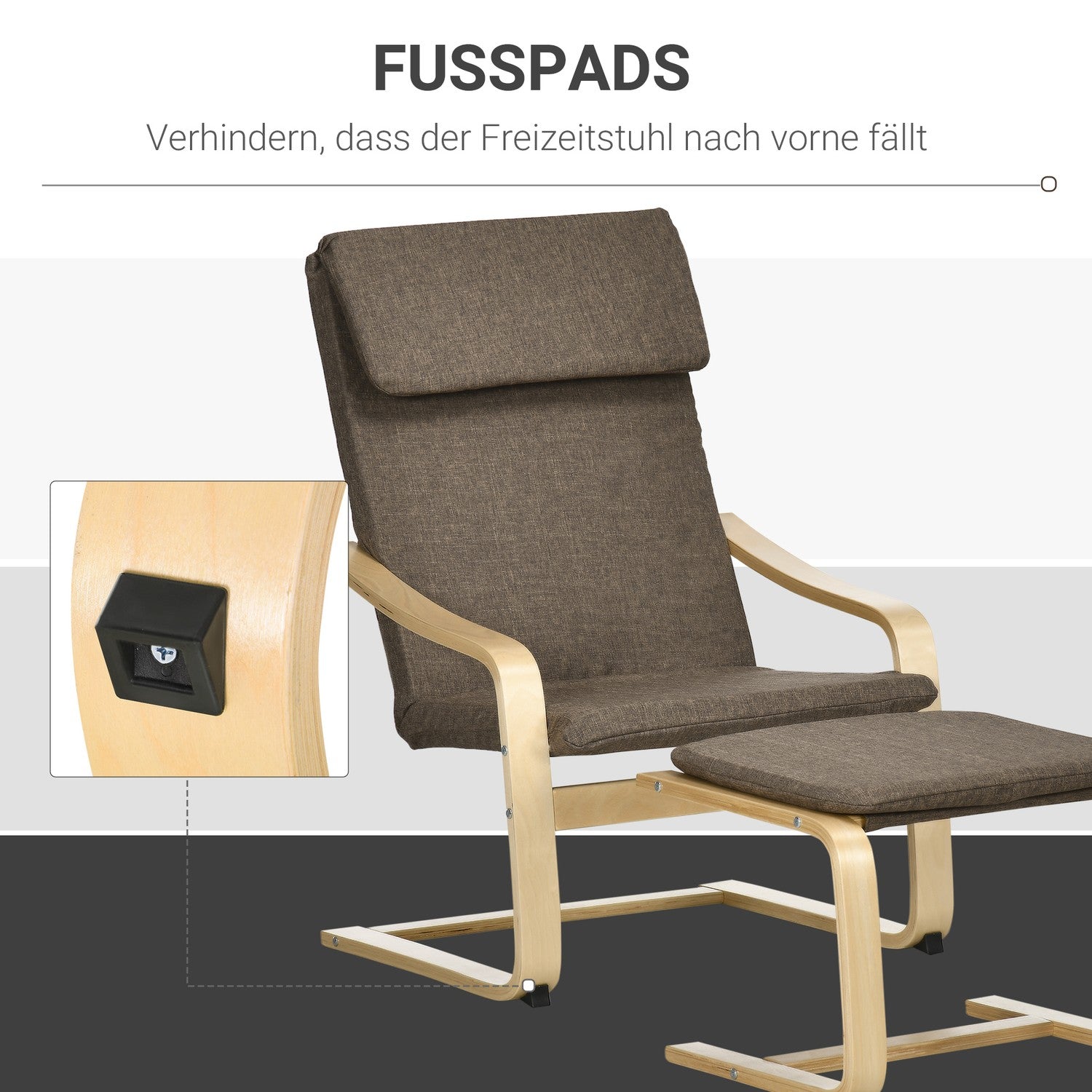 Bruine relaxstoel & voetenbank, linnen bekleding, 67x72x100 cm