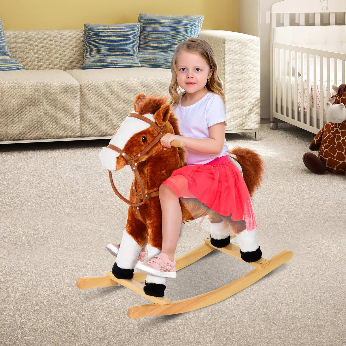 Bruin hobbelpaard speelgoed voor kinderen, 3+ jaar, 74x28x65cm