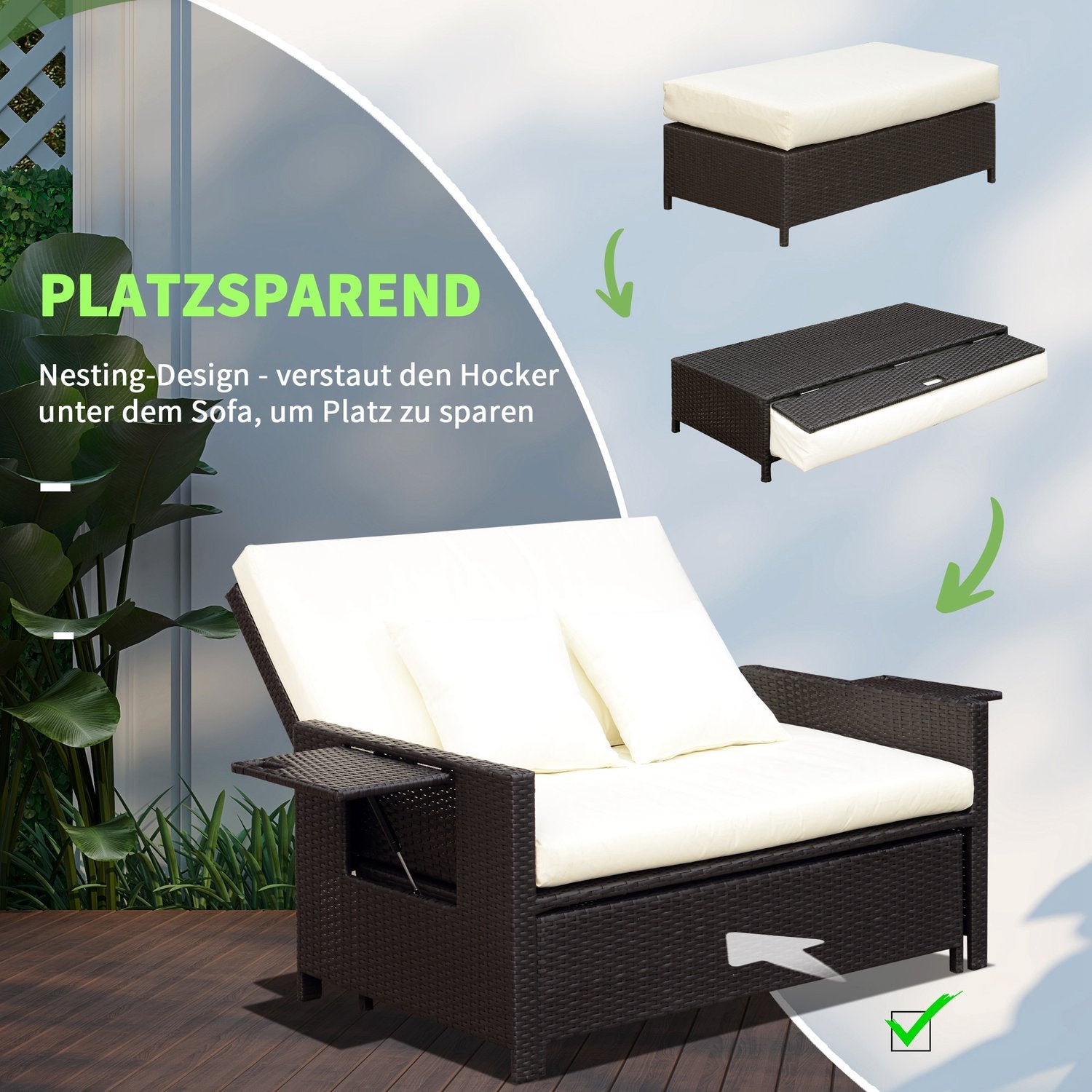 Bruine polyrattan 2-zits tuinstoel met kussens