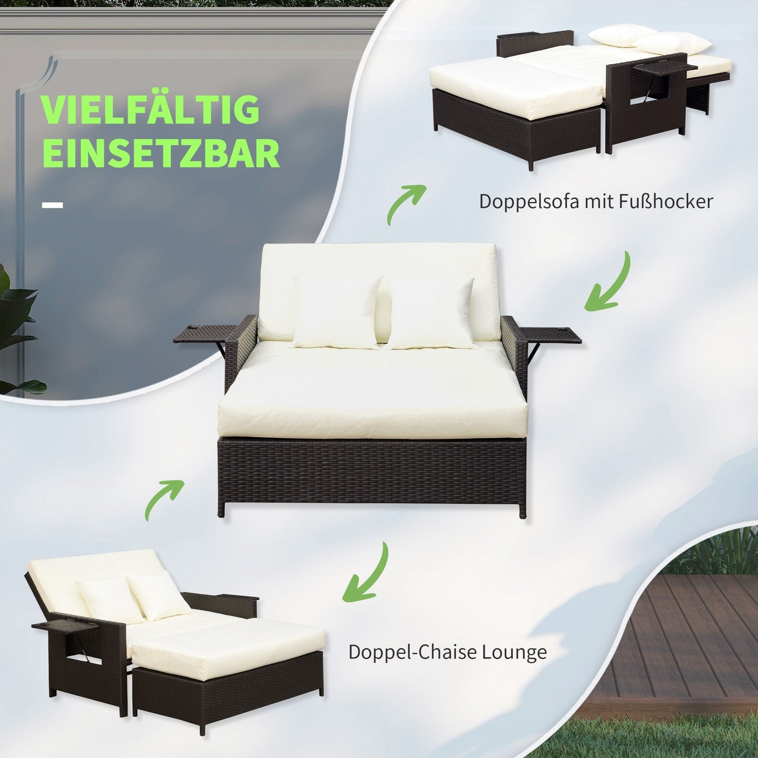 Bruine polyrattan 2-zits tuinstoel met kussens