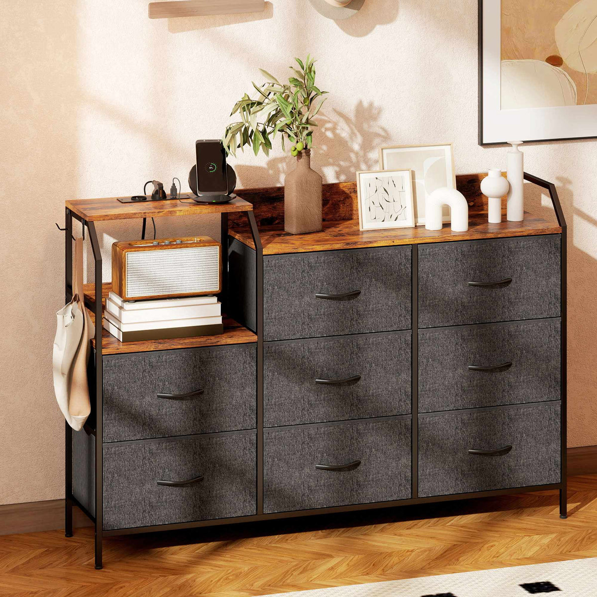 Ladekast met 8 stoffen lades, stalen frame, laadstation
