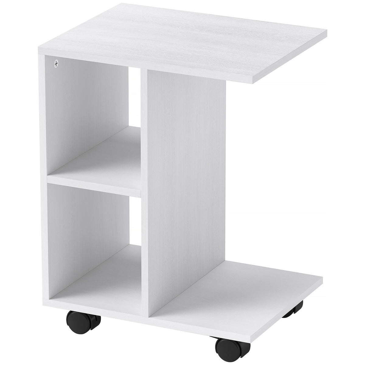 C-vormige bijzettafel met wielen voor kleine ruimtes, wit