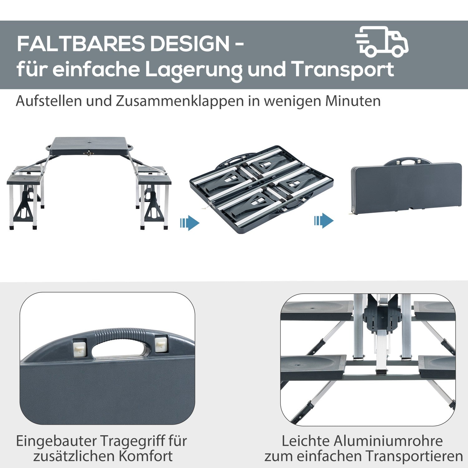 Aluminium campingtafelset met 4 inklapbare zitplaatsen