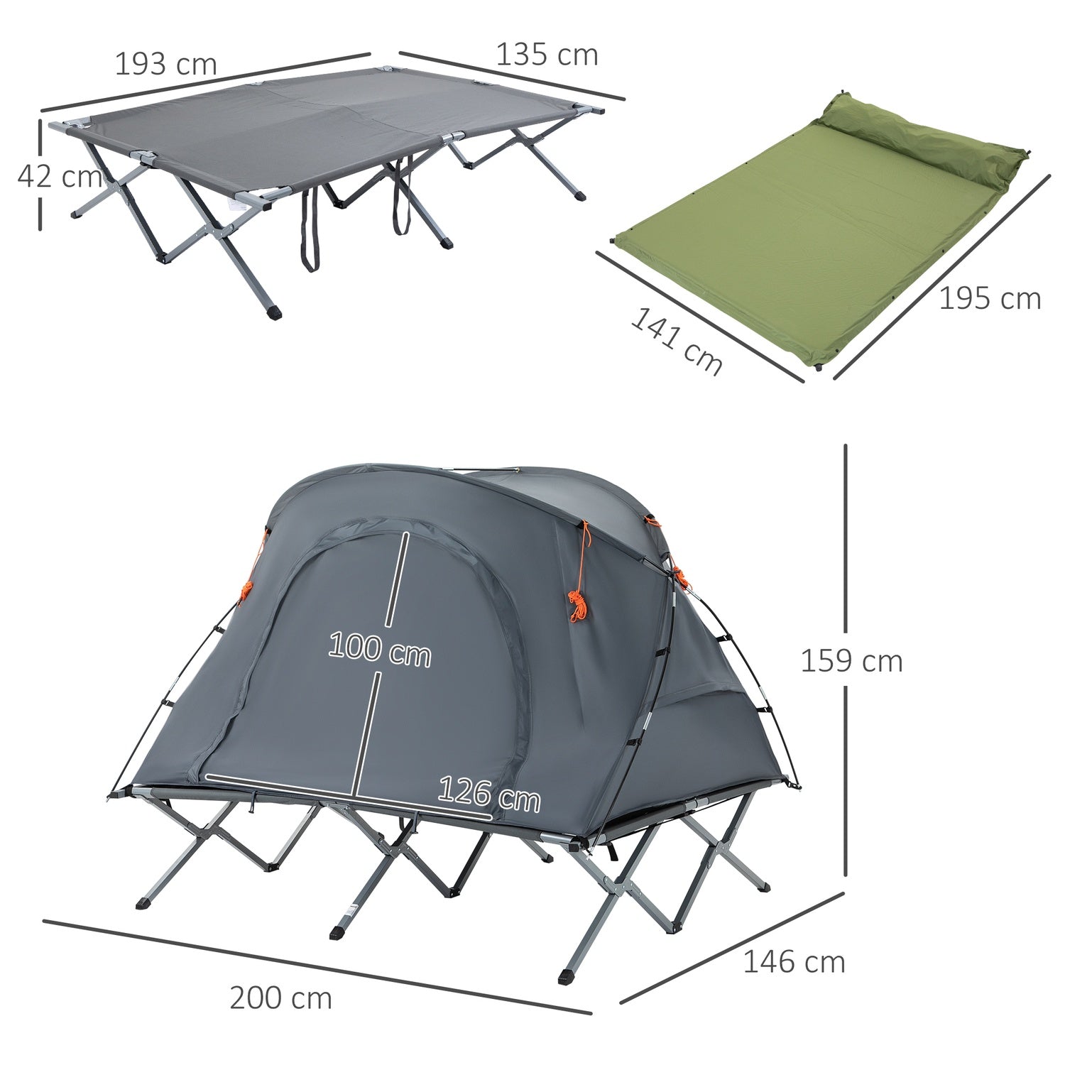 Camping koepeltent met luchtmatras, 2 personen, grijs