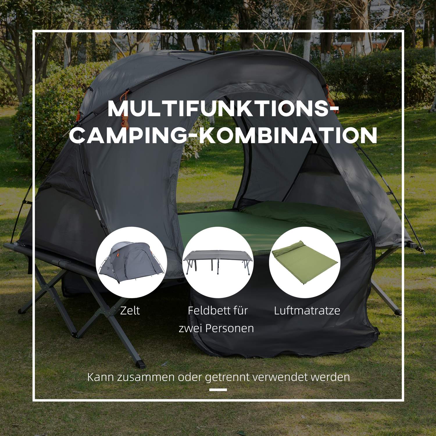 Camping koepeltent met luchtmatras, 2 personen, grijs