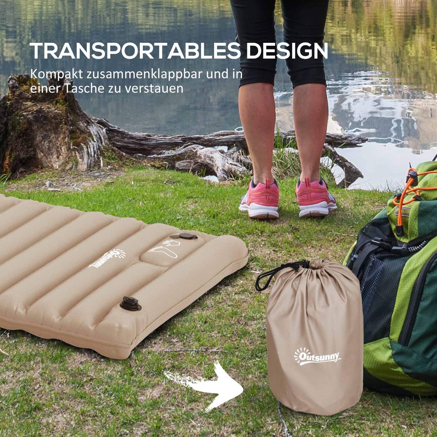 Kampeerluchtbed Met Voetpomp, Waterafstotend, Khaki