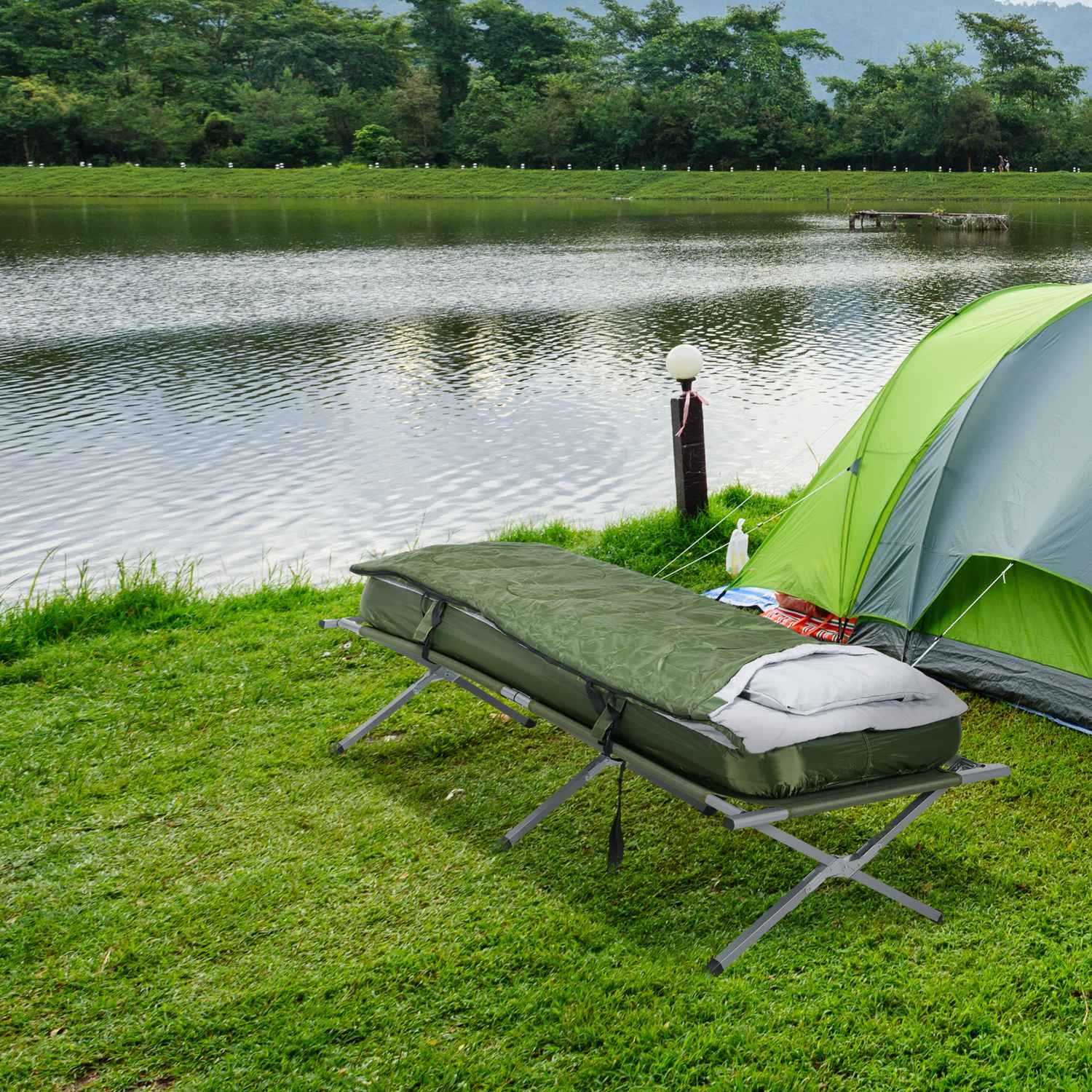 Campingbed met kussen, opvouwbaar, draagvermogen 120 kg, groen