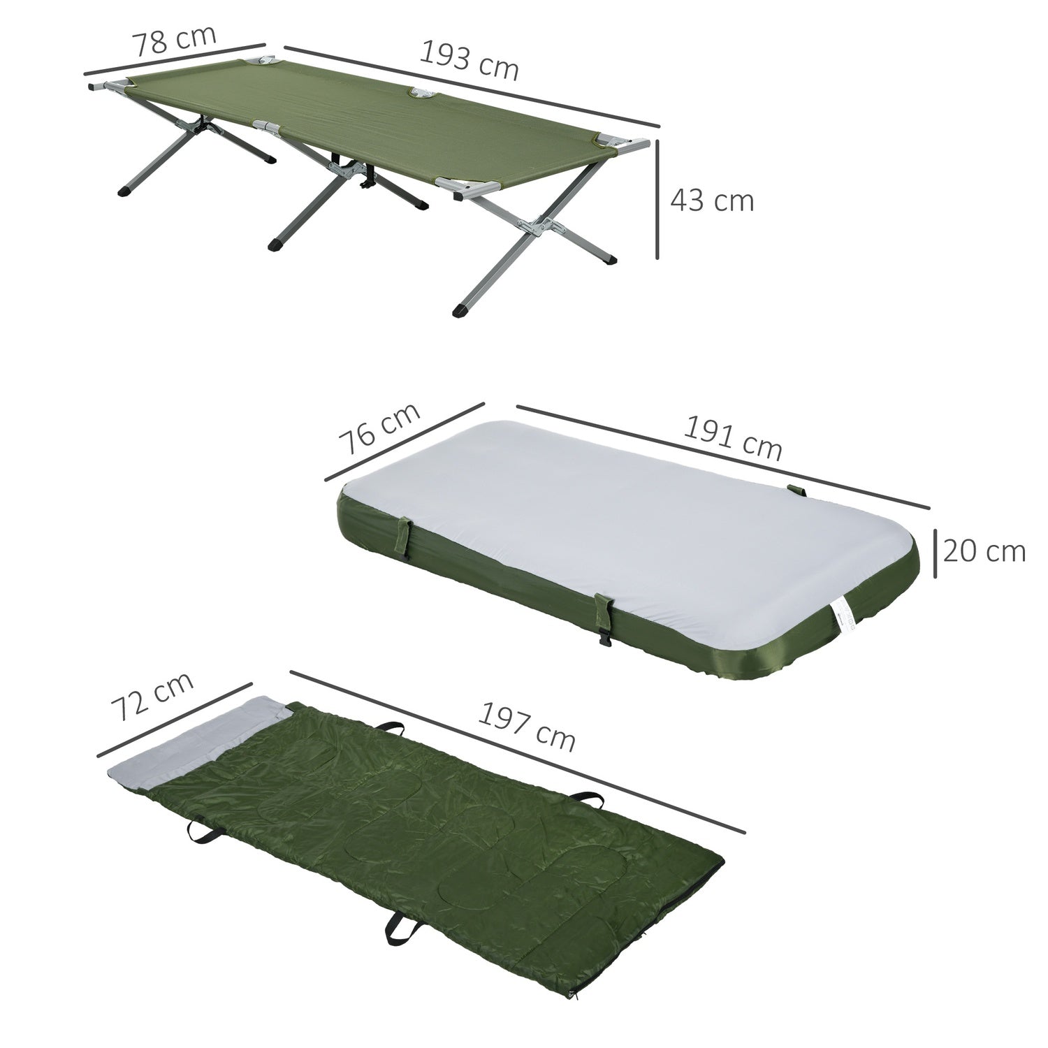 Campingbed met kussen, opvouwbaar, draagvermogen 120 kg, groen