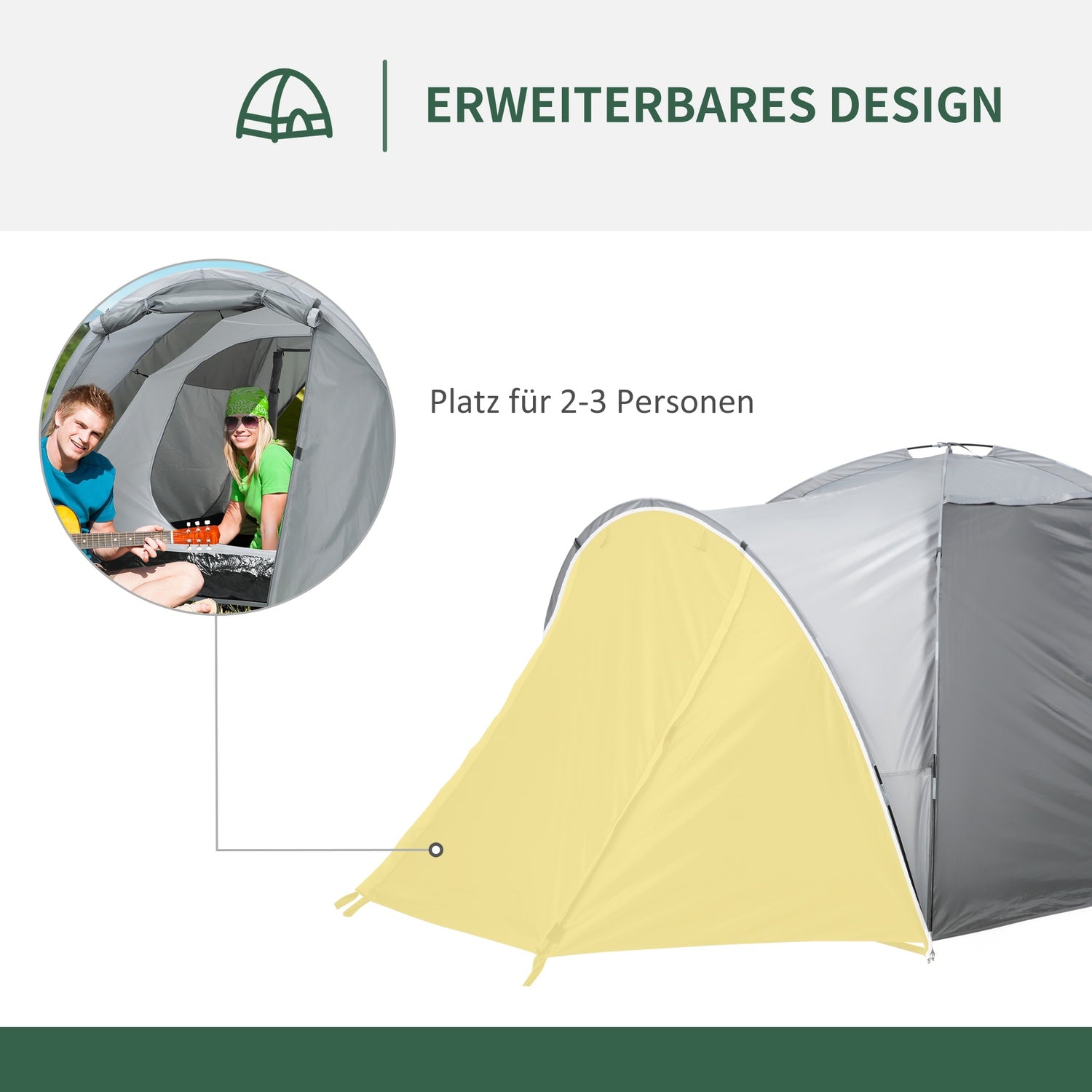 Campingtent voor 2-3 personen, deur & netvenster, grijs