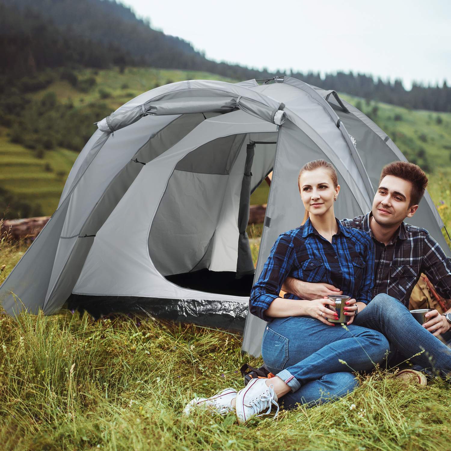 Campingtent voor 2-3 personen, deur & netvenster, grijs
