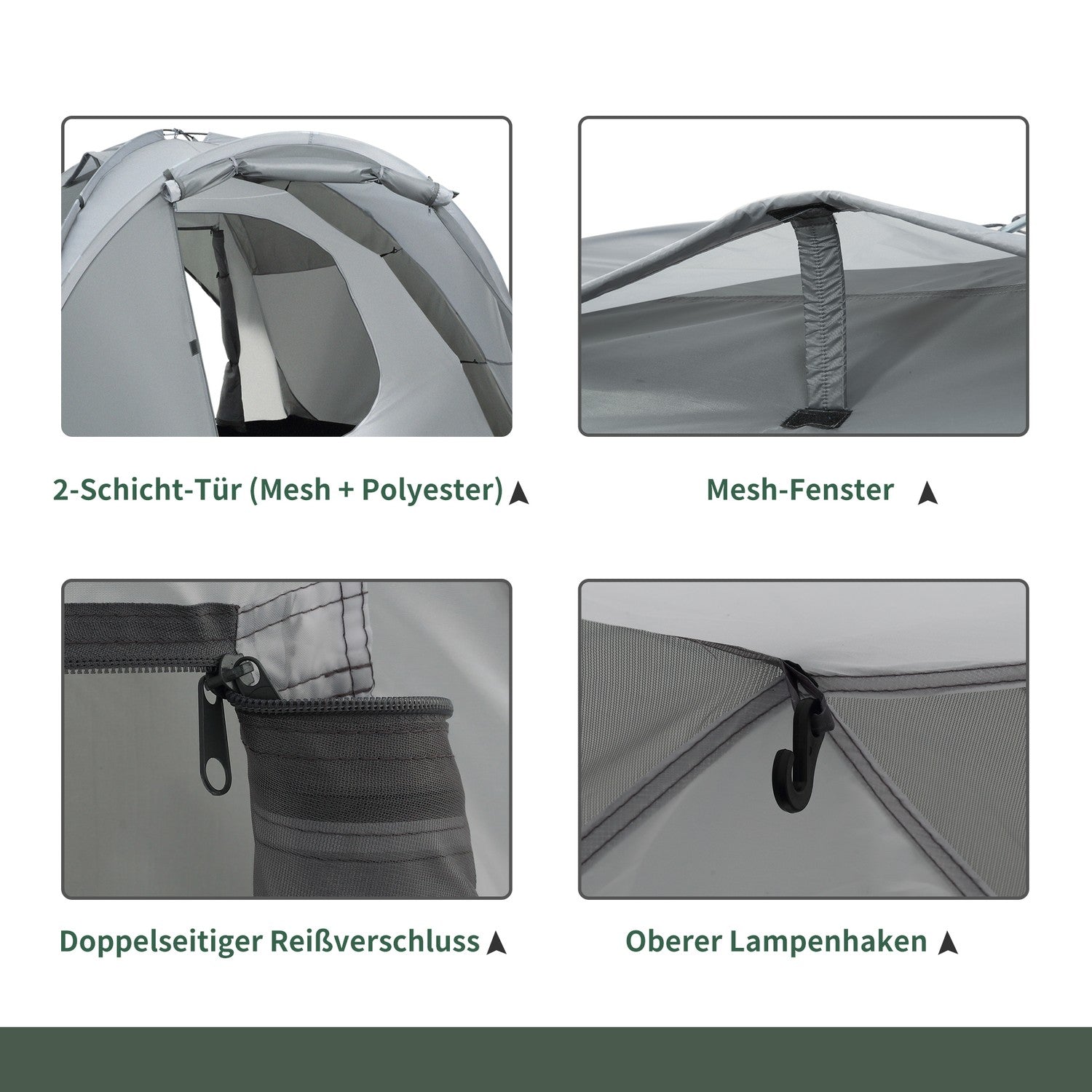 Campingtent voor 2-3 personen, deur & netvenster, grijs