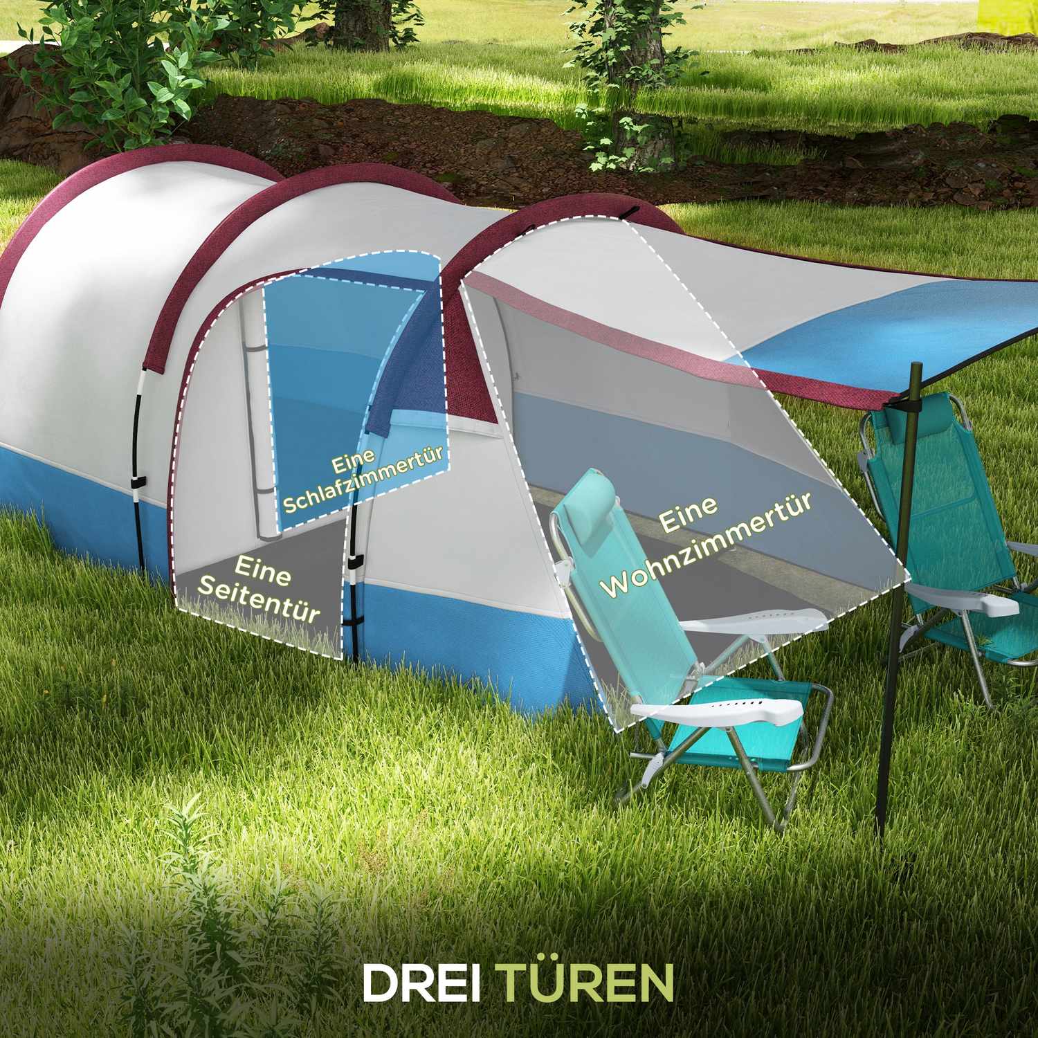 Campingtunneltält för 3 personer – vindtätt, 2 rum