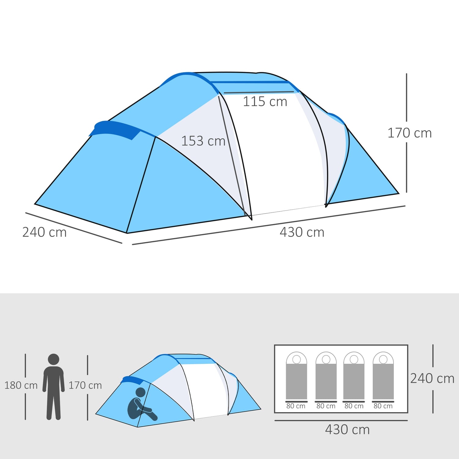 Campingtunneltent voor 4-6 personen, 2 cabines, blauw