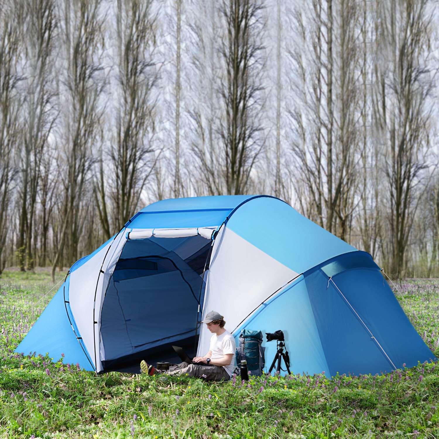Campingtunneltent voor 4-6 personen, 2 cabines, blauw