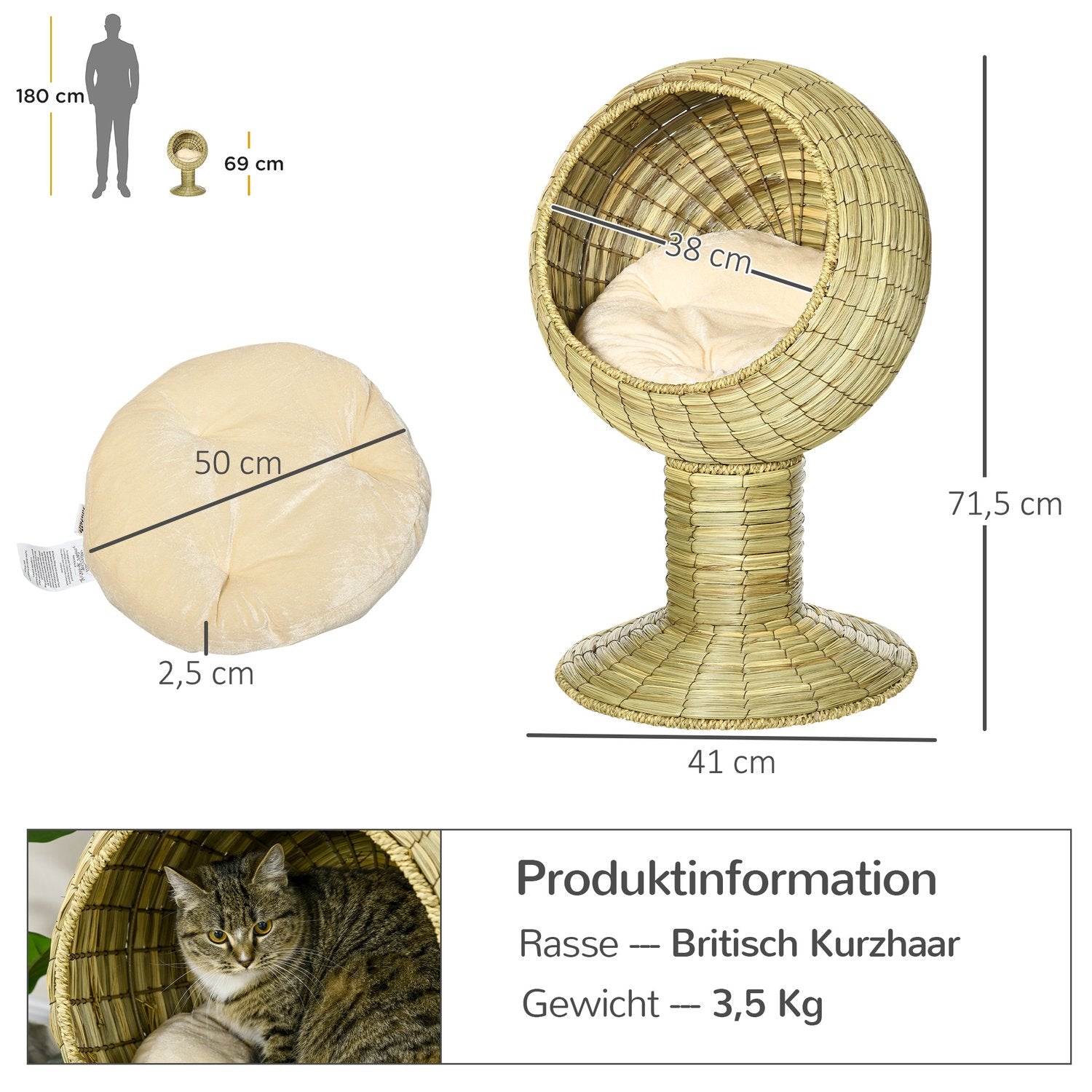 Kattenmand met afneembaar kussen, zeegras, 41x71,5 cm