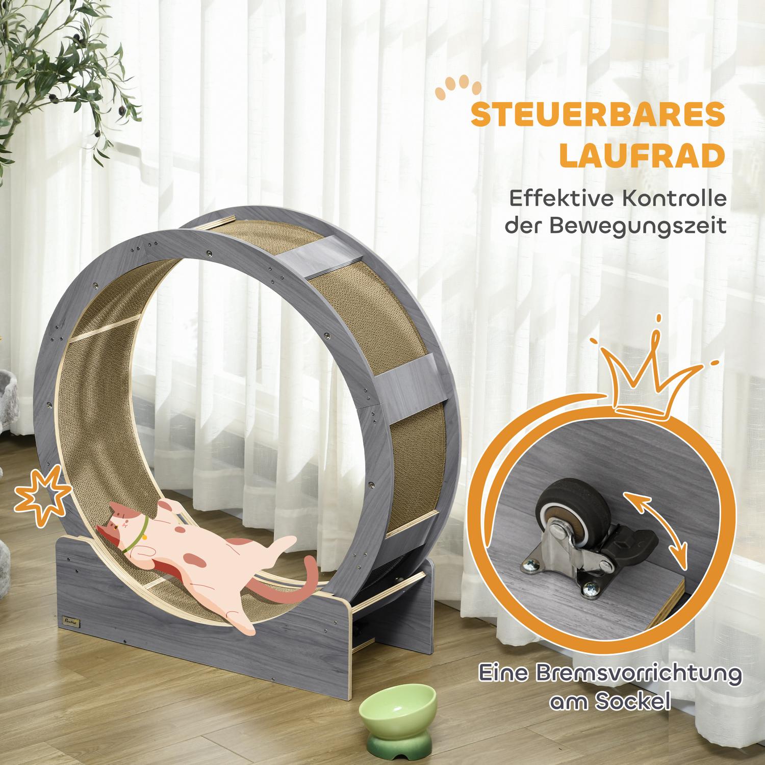 Roue d'exercice pour chat avec frein et planche à griffer, gris