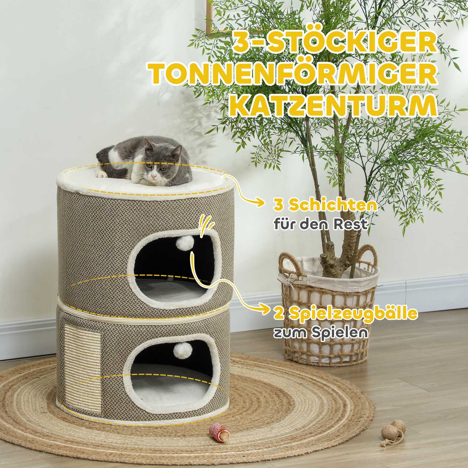 Krabton – 2 grotten, sisal, 69 cm, koffie/crème