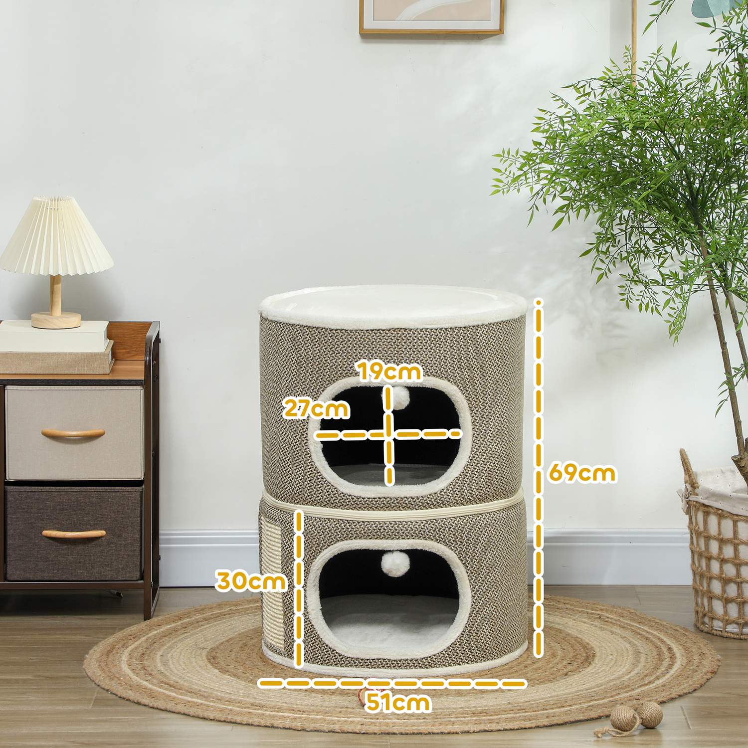 Krabton – 2 grotten, sisal, 69 cm, koffie/crème