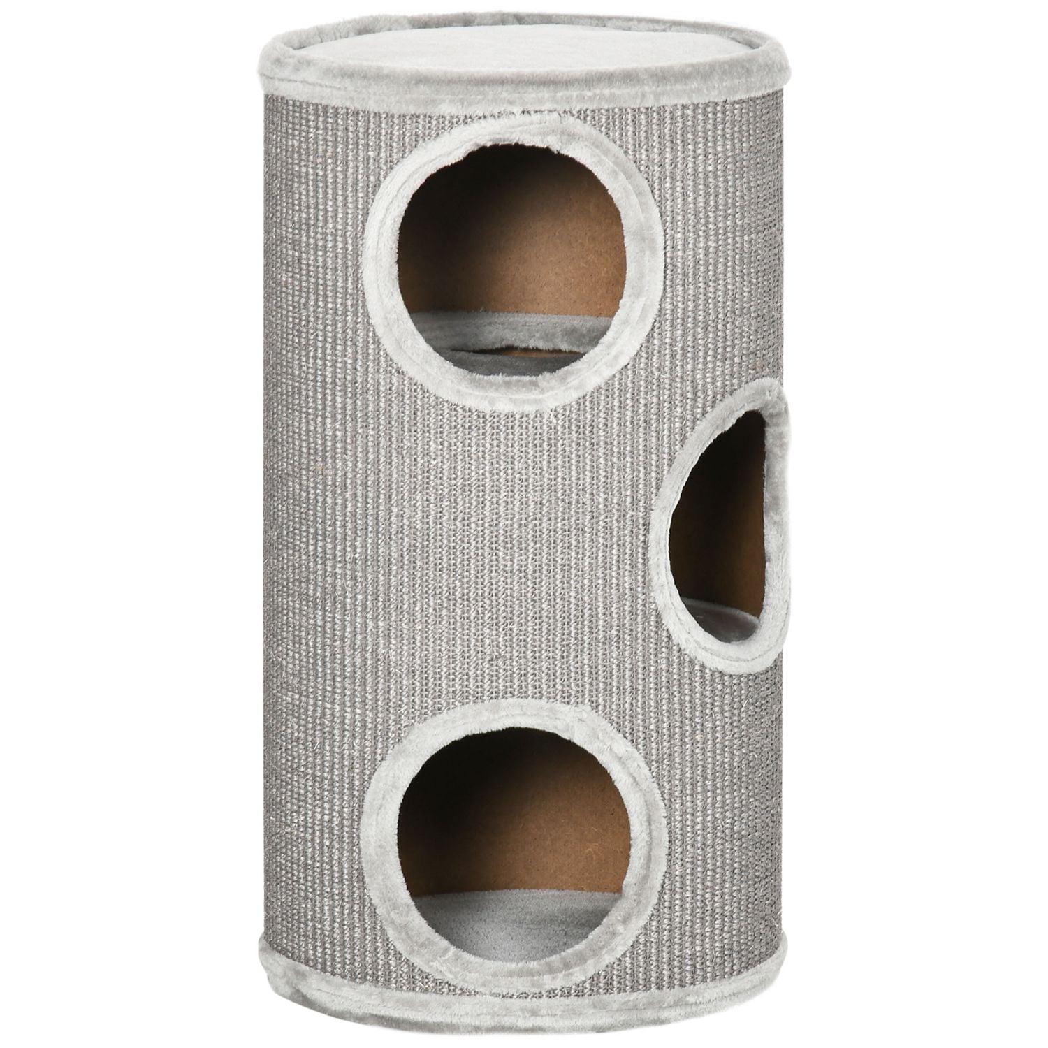 Griffoir tonneau pour chat en sisal & peluche, 3 grottes, gris clair
