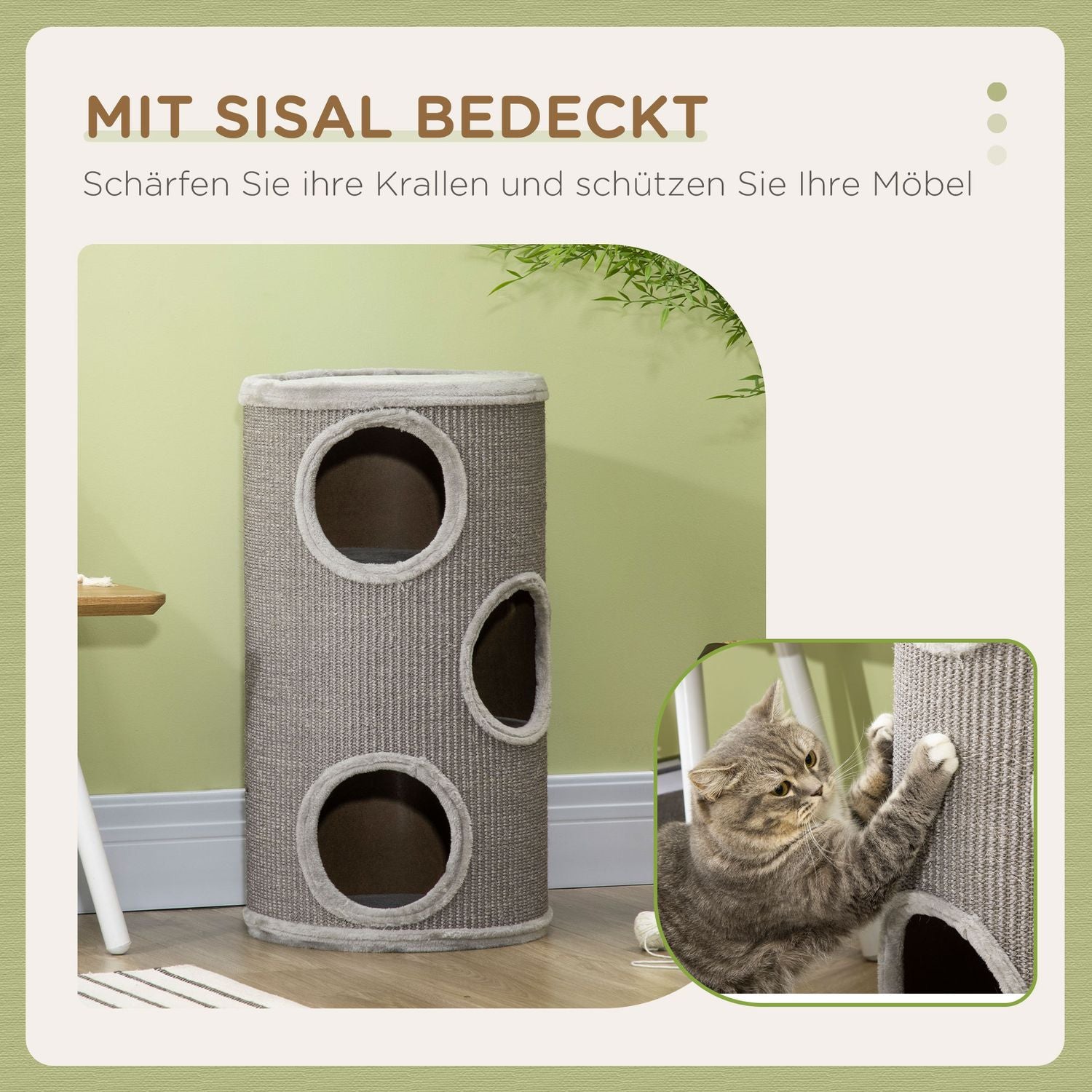 Griffoir tonneau pour chat en sisal & peluche, 3 grottes, gris clair