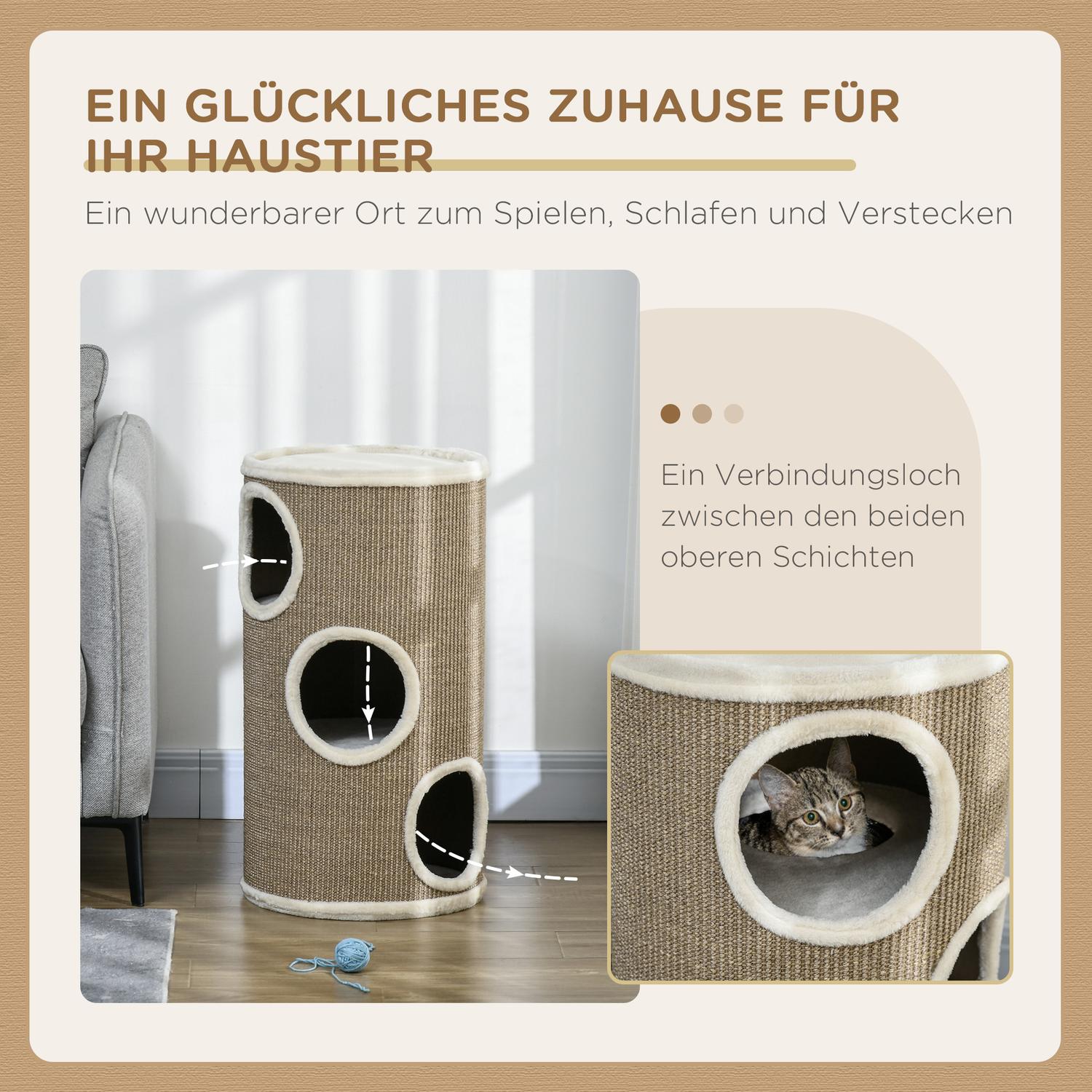 Cat Scratching Tower, 3 nivåer, sisal och plysch, 70 cm