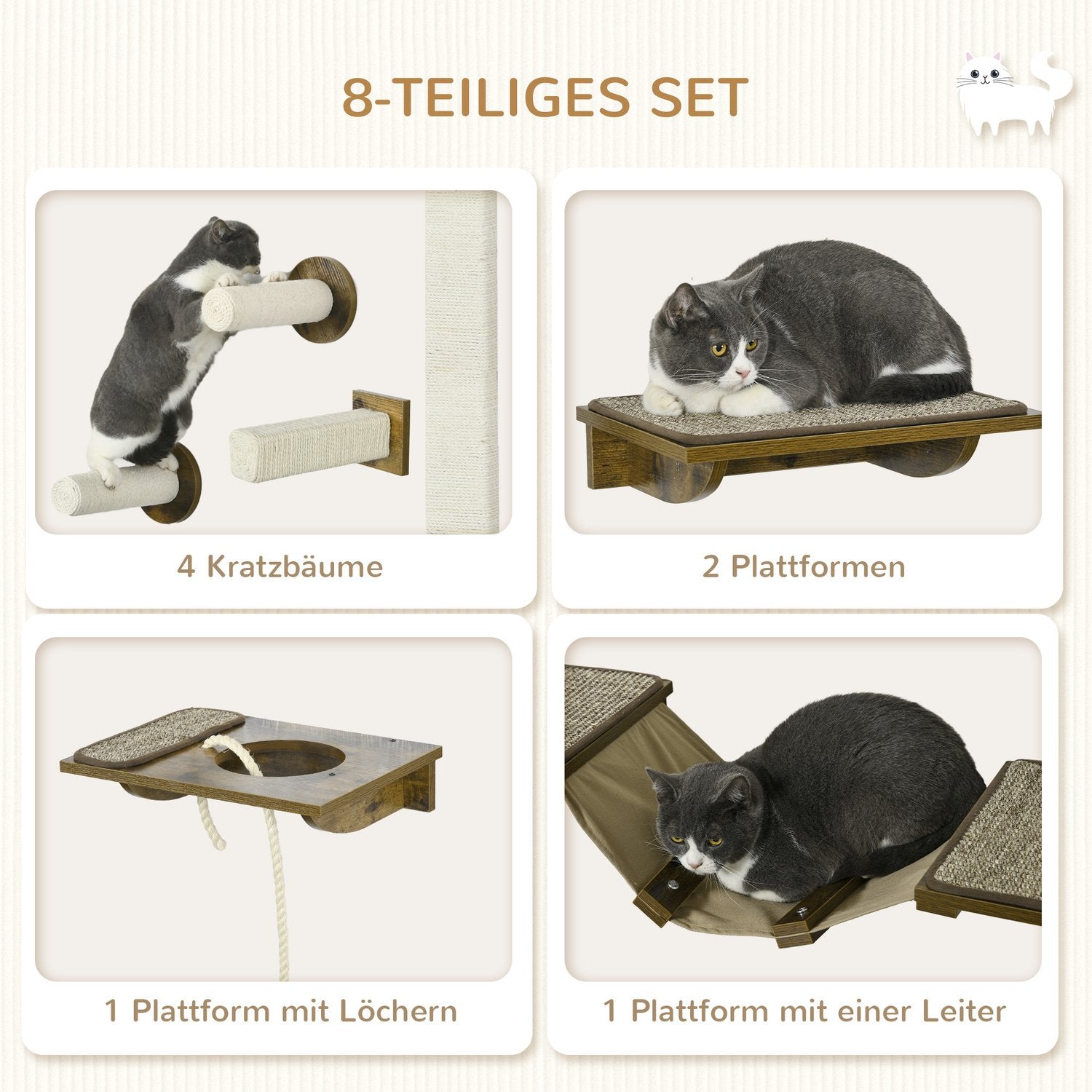 Set parete da arrampicata per gatti, mobile 8 pezzi con tiragraffi in sisal
