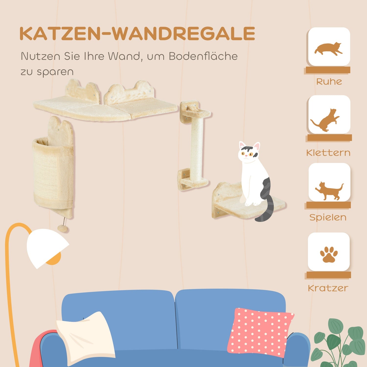 Kattenklimwandsset, 4-delig pluchen meubel, beige