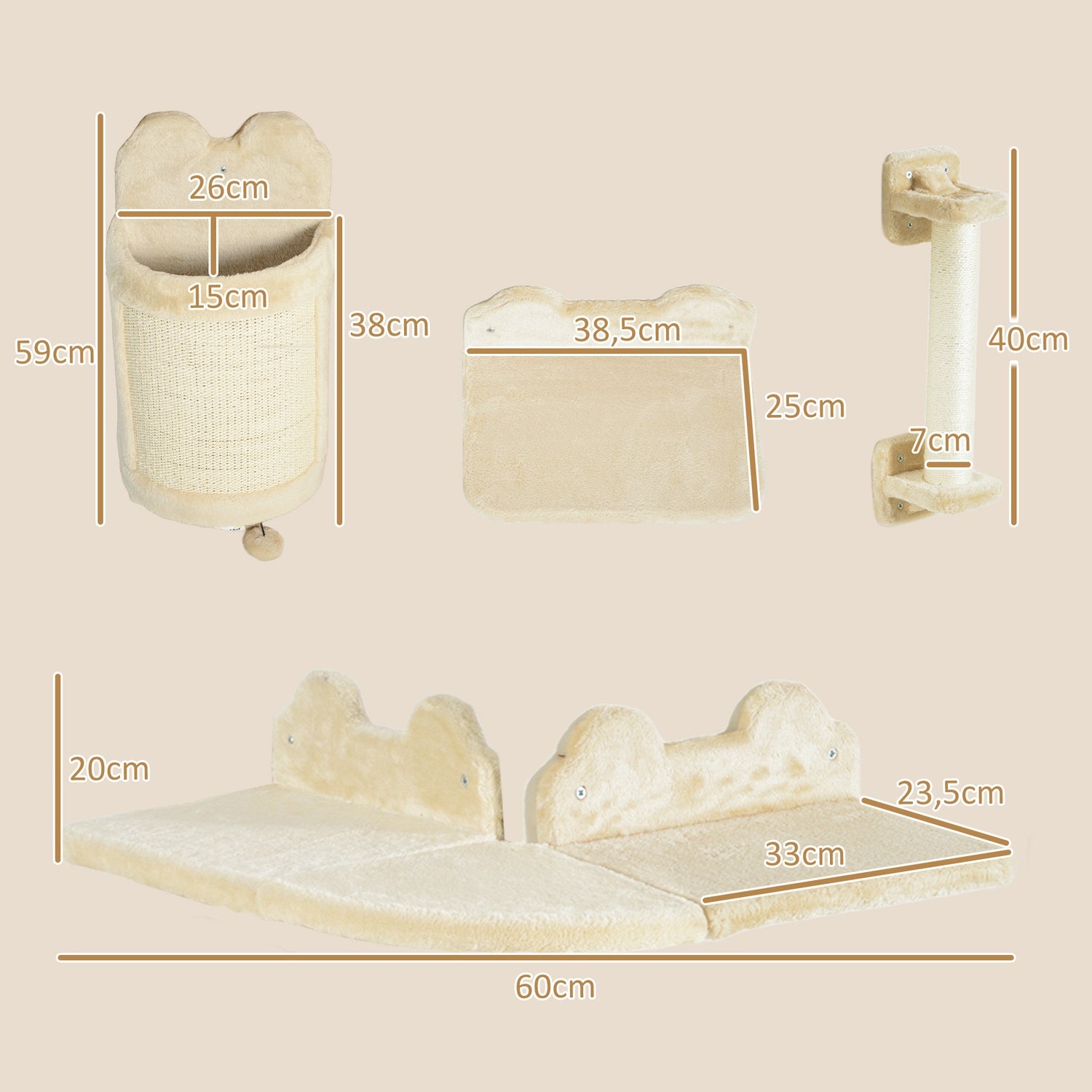 Kattenklimwandsset, 4-delig pluchen meubel, beige
