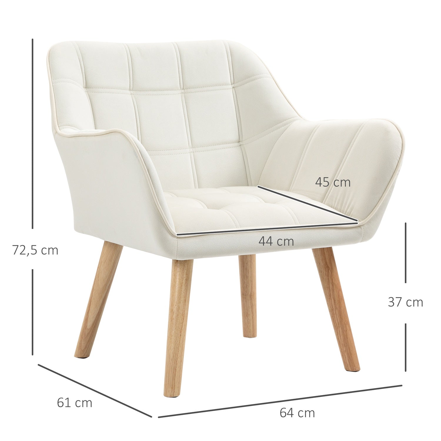 Roomwitte Fluweellook Fauteuil, verhoogde poten, 64x62x72,5 cm