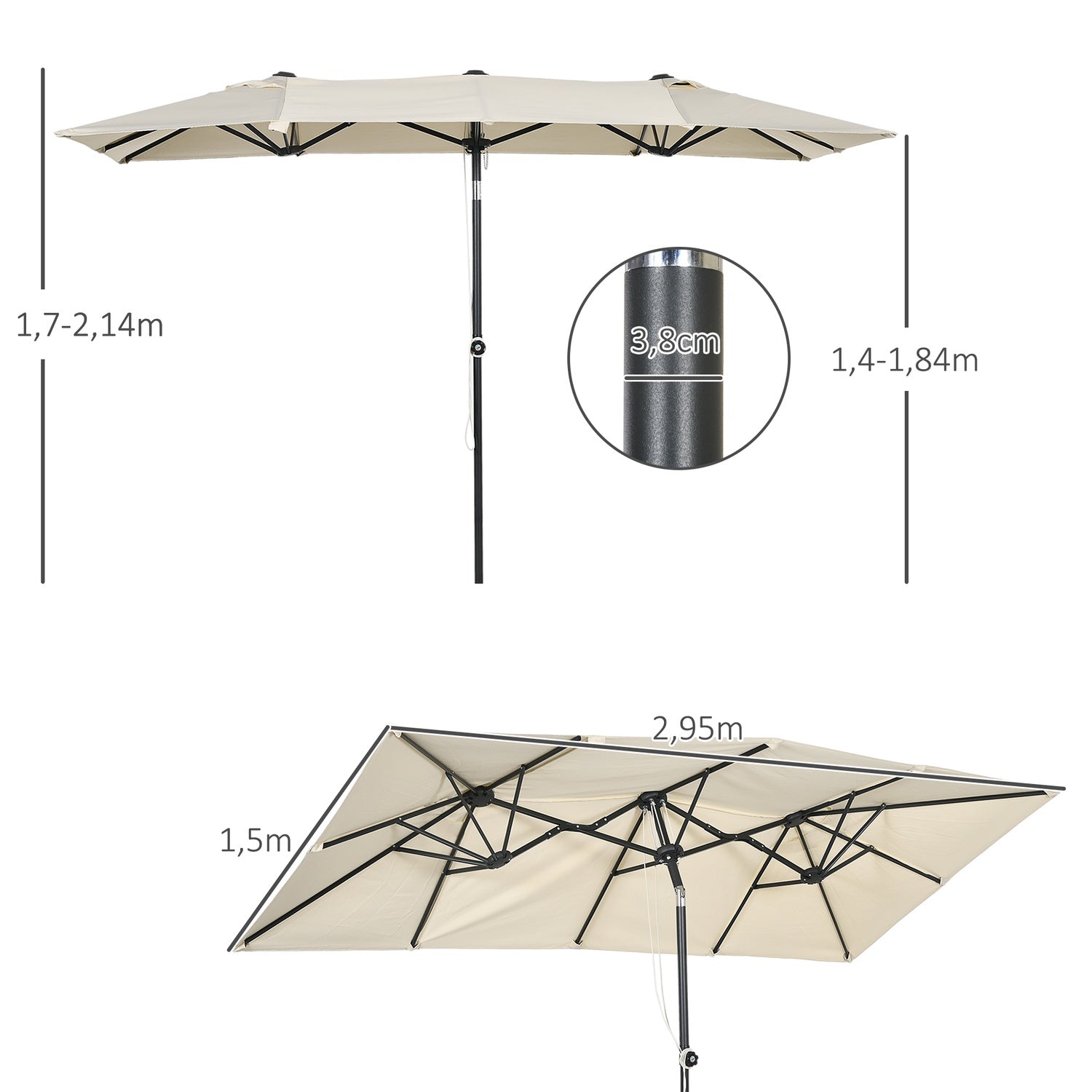 Crème buiten dubbele parasol – Verstelbare kantelfunctie, 150x295cm