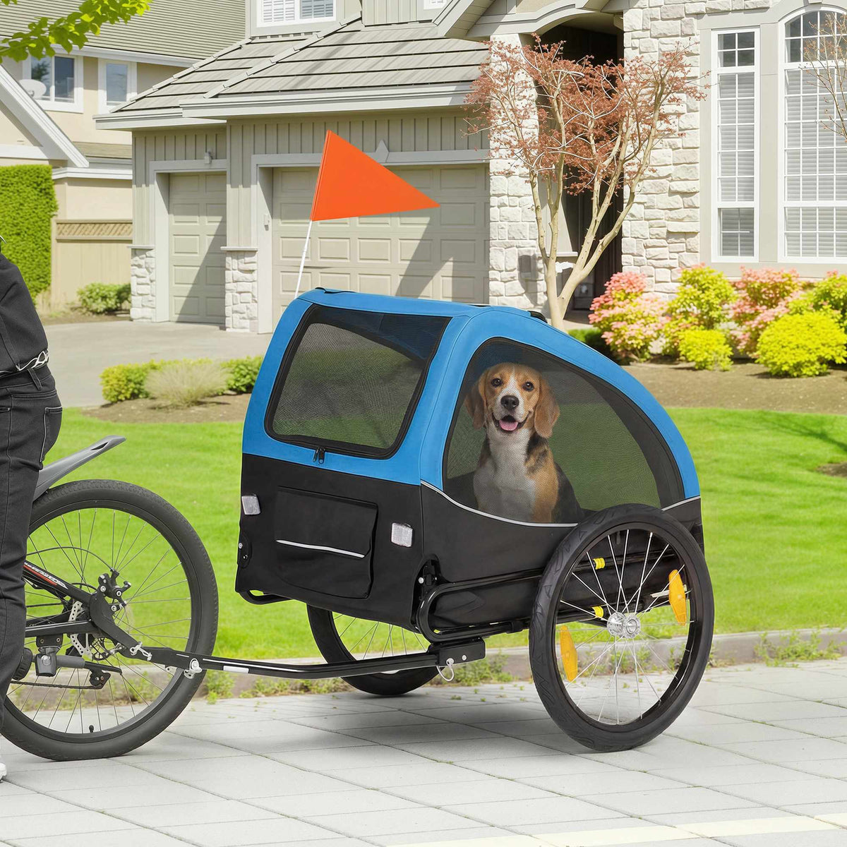 Fietskar voor huisdieren, 20 inch wielen, gaasramen, blauw/zwart