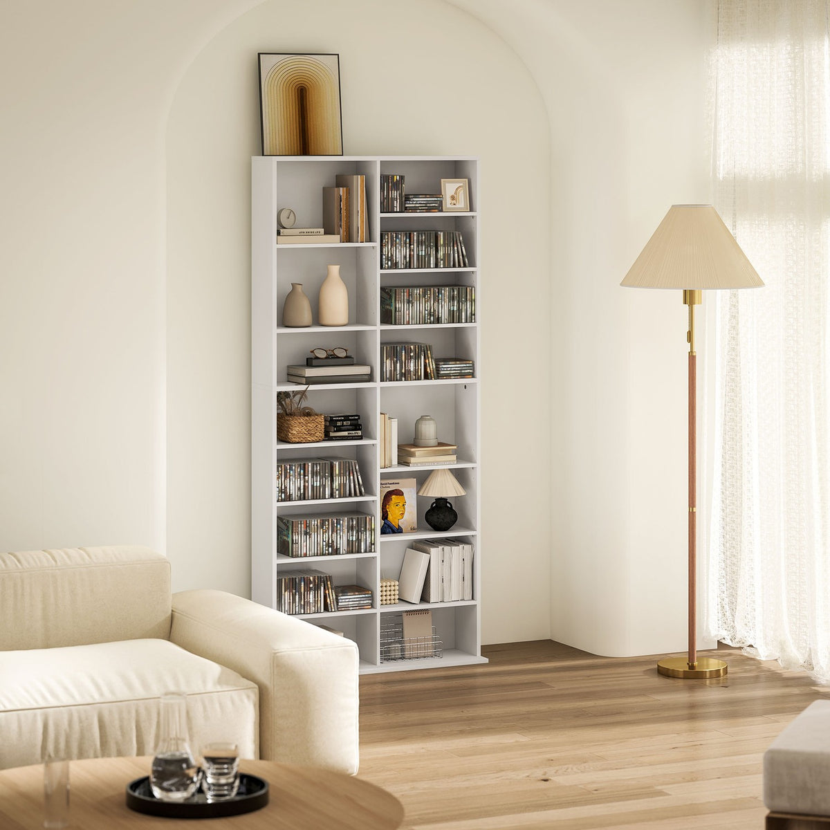 DVD-kast, cd-opbergrek, 14 verstelbare planken, 18 vakken, 175 cm, Blu-ray-kast, spaanplaat, wit