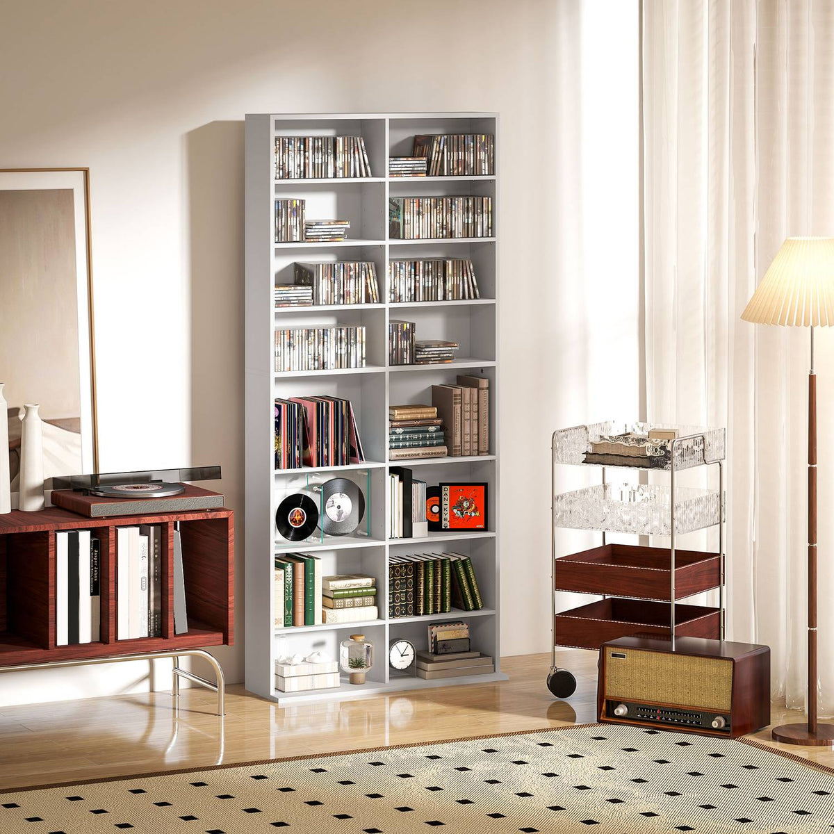 DVD-kast, cd-opbergrek, 14 verstelbare planken, 18 vakken, 175 cm, Blu-ray-kast, spaanplaat, wit