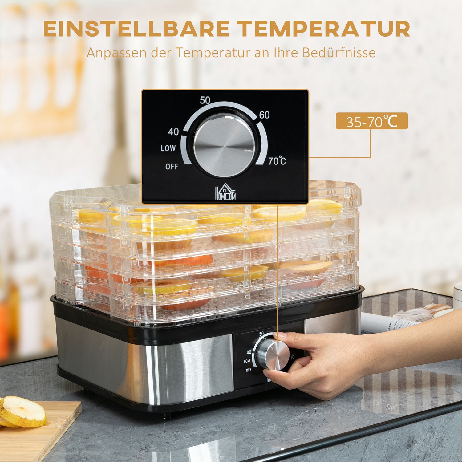 Voedseldroger met timer en temperatuurregeling, 5 lagen, roestvrij staal