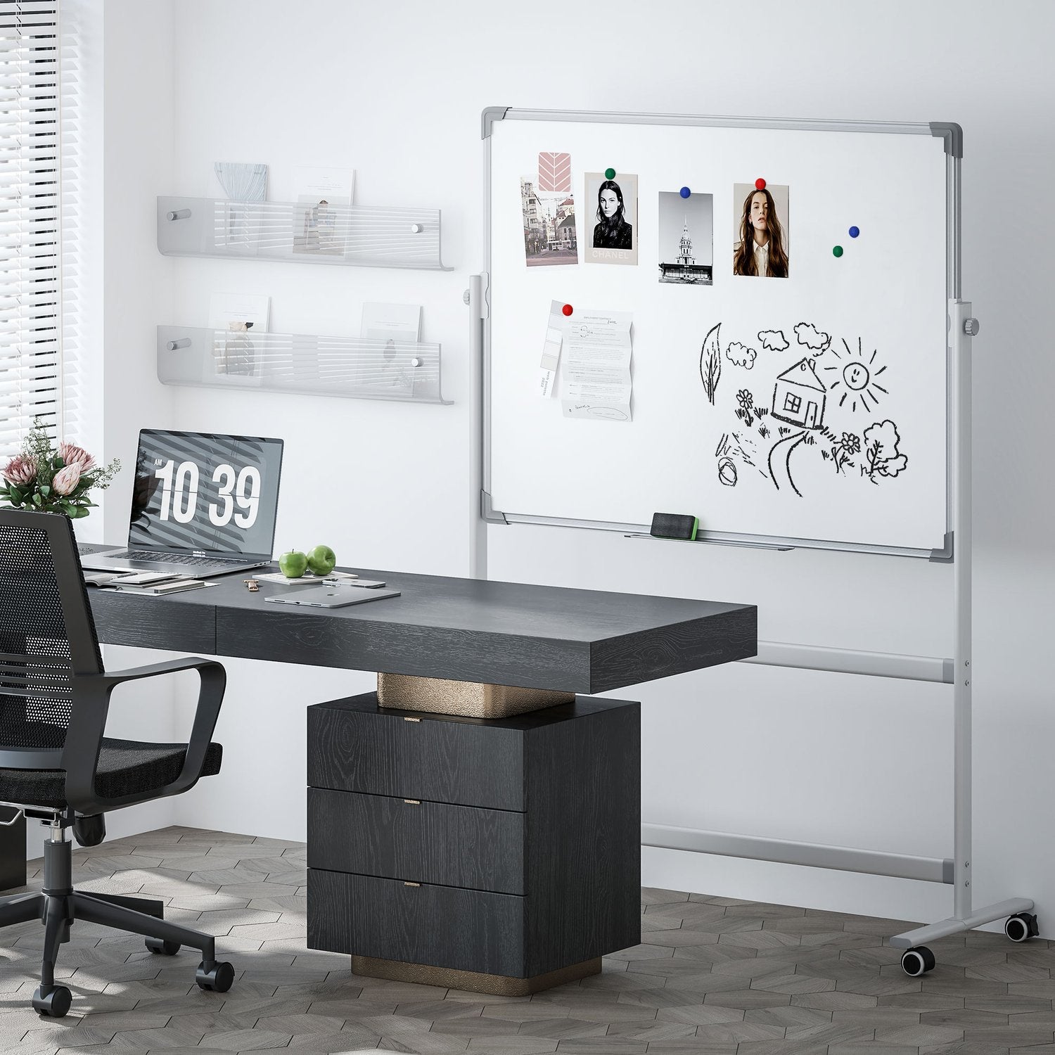 Dubbelzijdig Whiteboard 120x90 cm met standaard en wielen