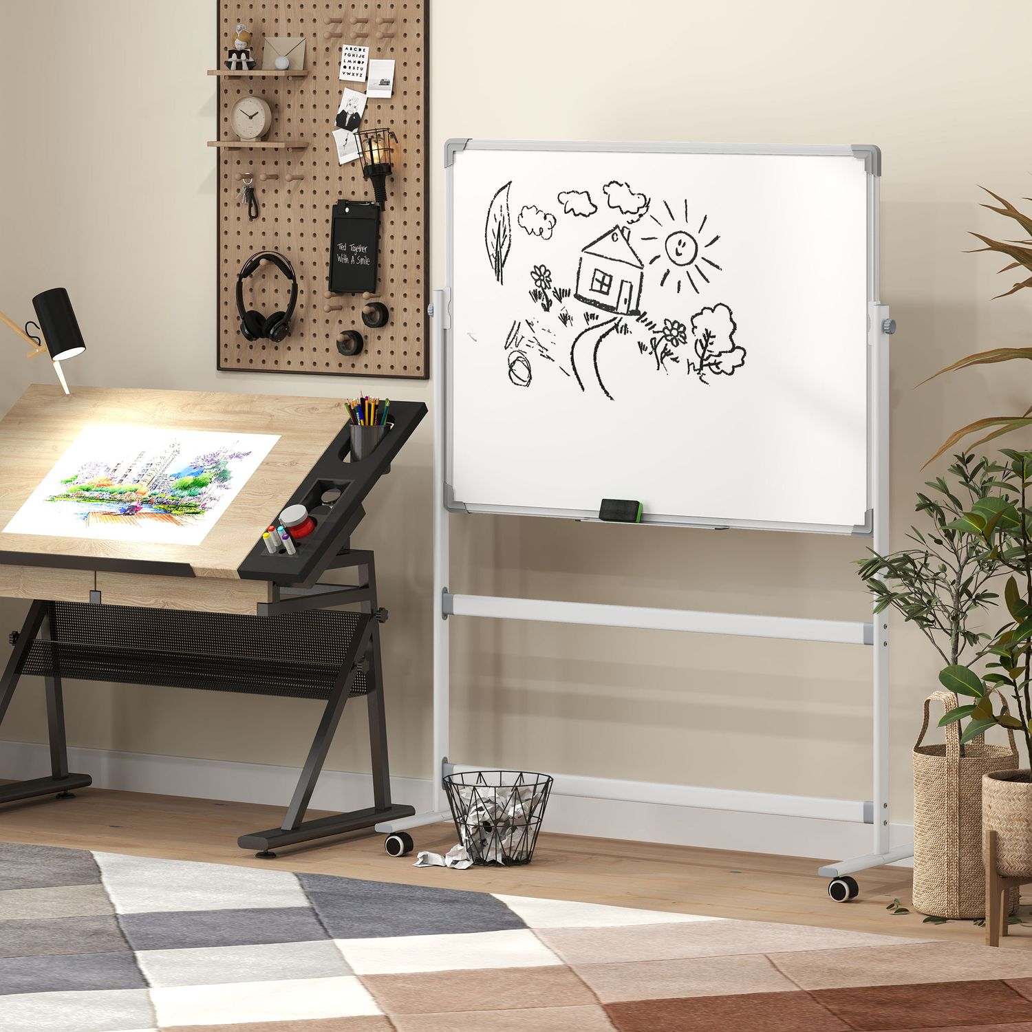 Dubbelzijdig Whiteboard 120x90 cm met standaard en wielen
