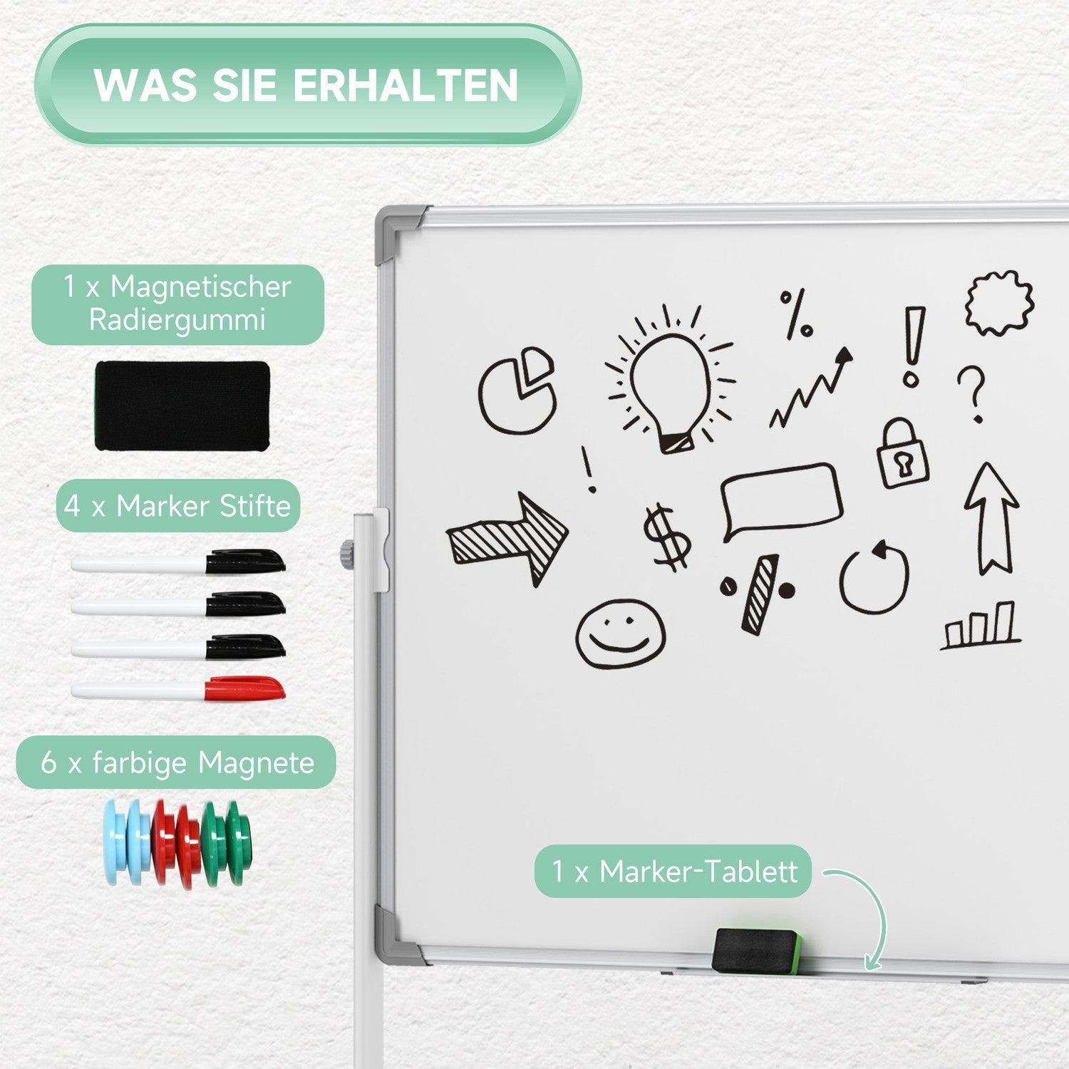 Dubbelzijdig Whiteboard 120x90 cm met standaard en wielen