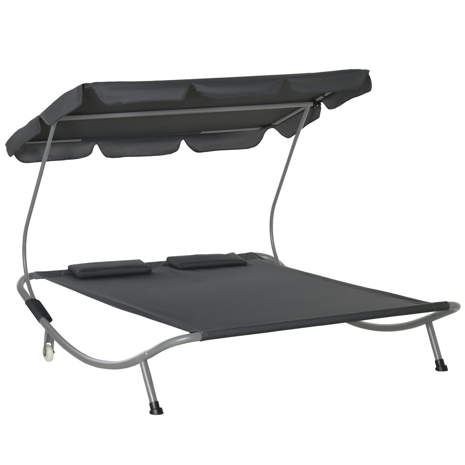 Dubbele ligstoel van grijs staal met oprolbaar dak, 200x170x134cm