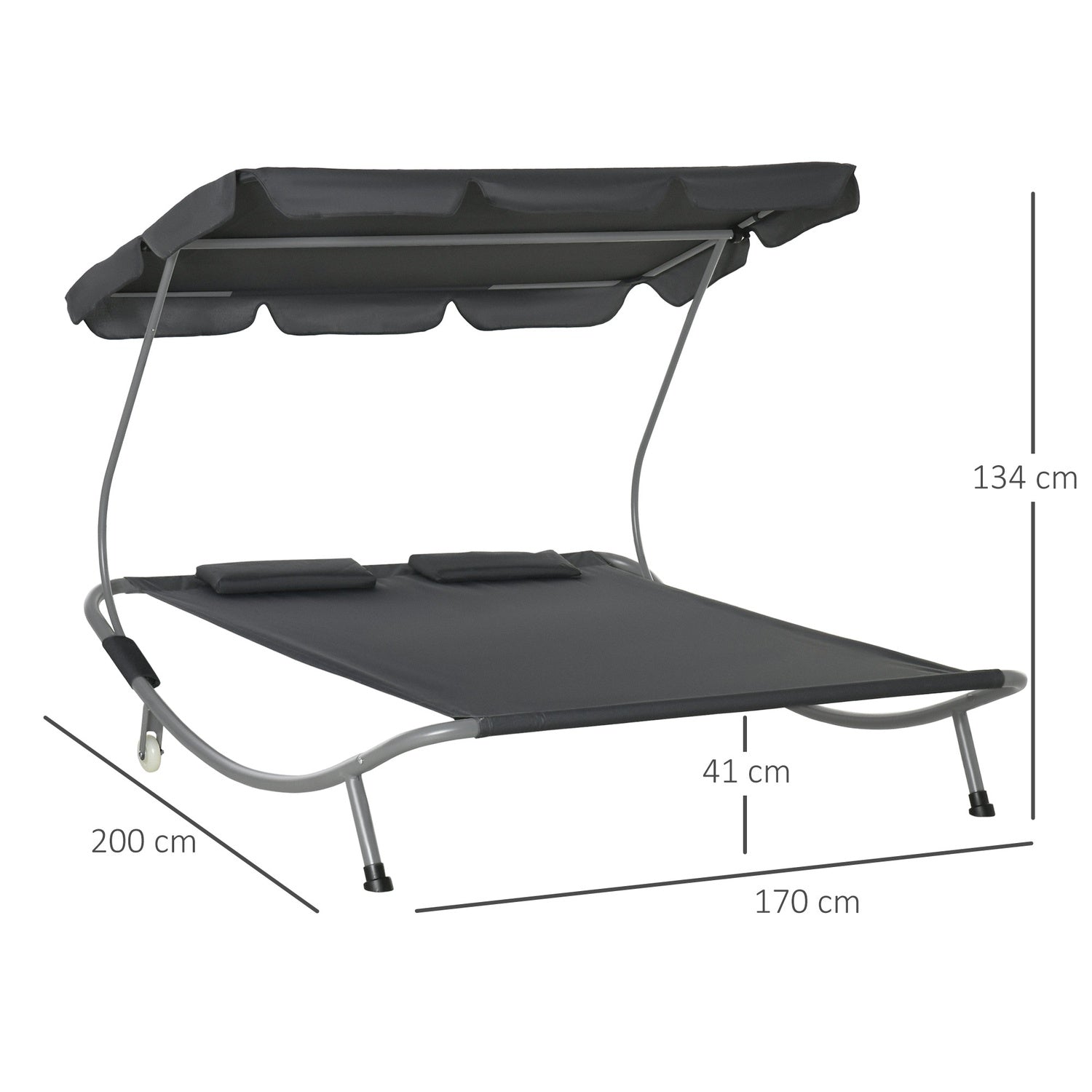 Dubbele ligstoel van grijs staal met oprolbaar dak, 200x170x134cm