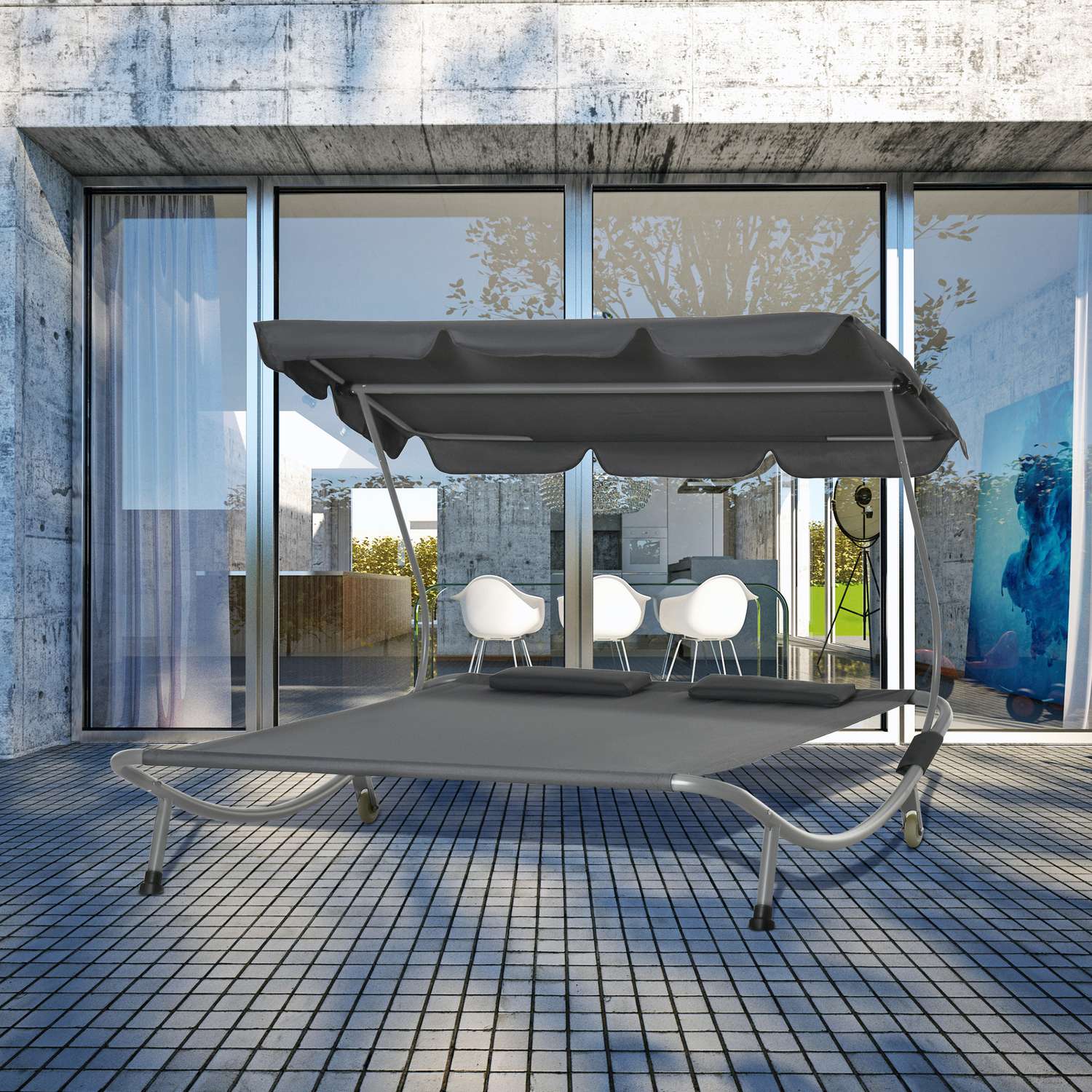 Dubbele ligstoel van grijs staal met oprolbaar dak, 200x170x134cm
