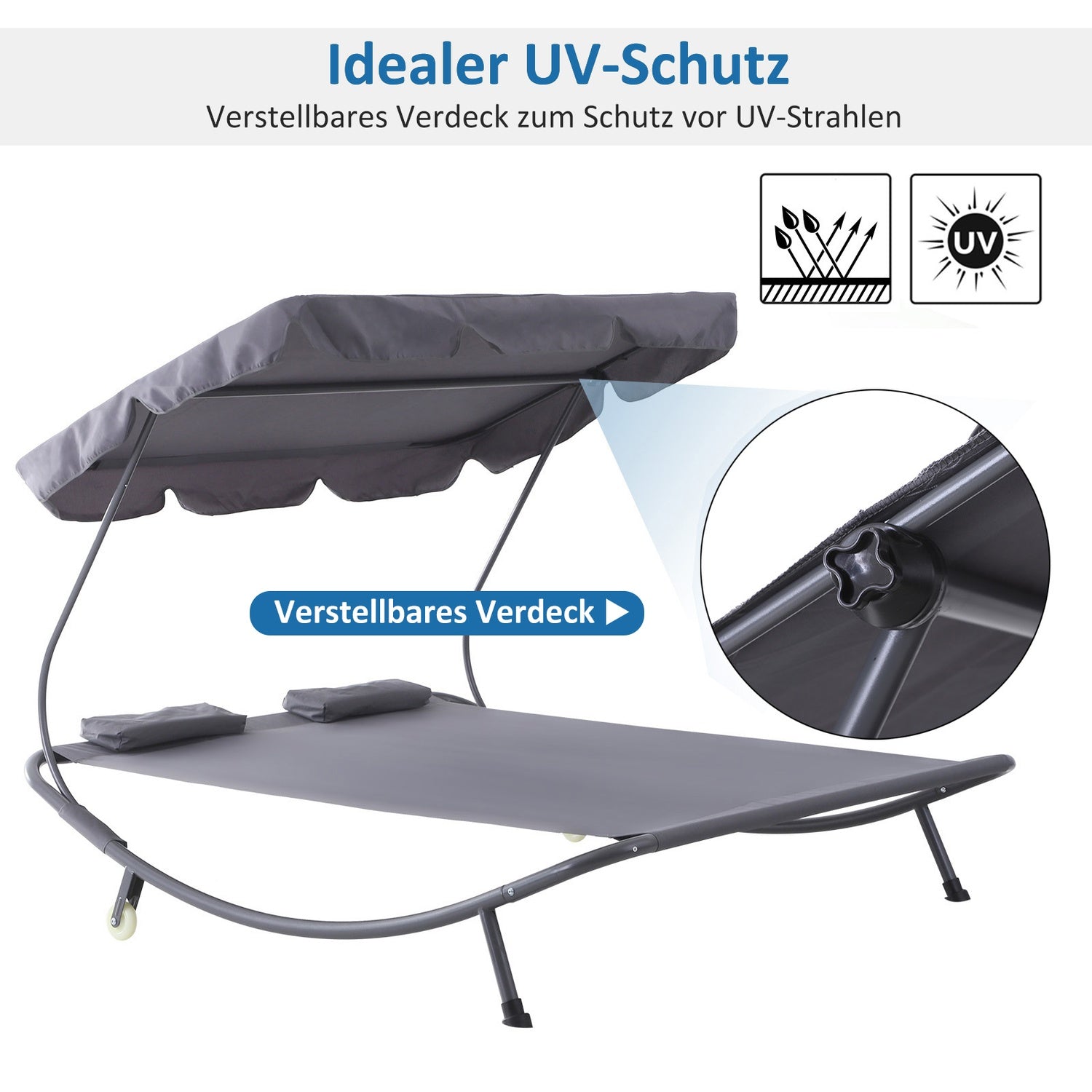 Dubbele ligstoel van grijs staal met oprolbaar dak, 200x170x134cm