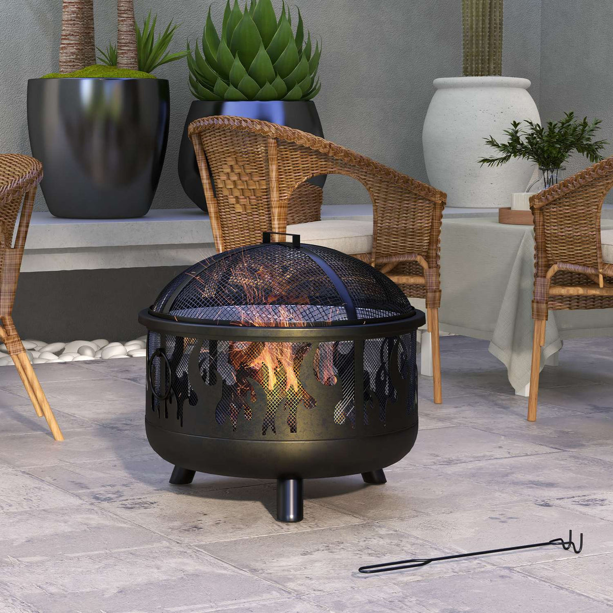 Vuurschaal met vonkenscherm & grill – metaal, Ø61cm
